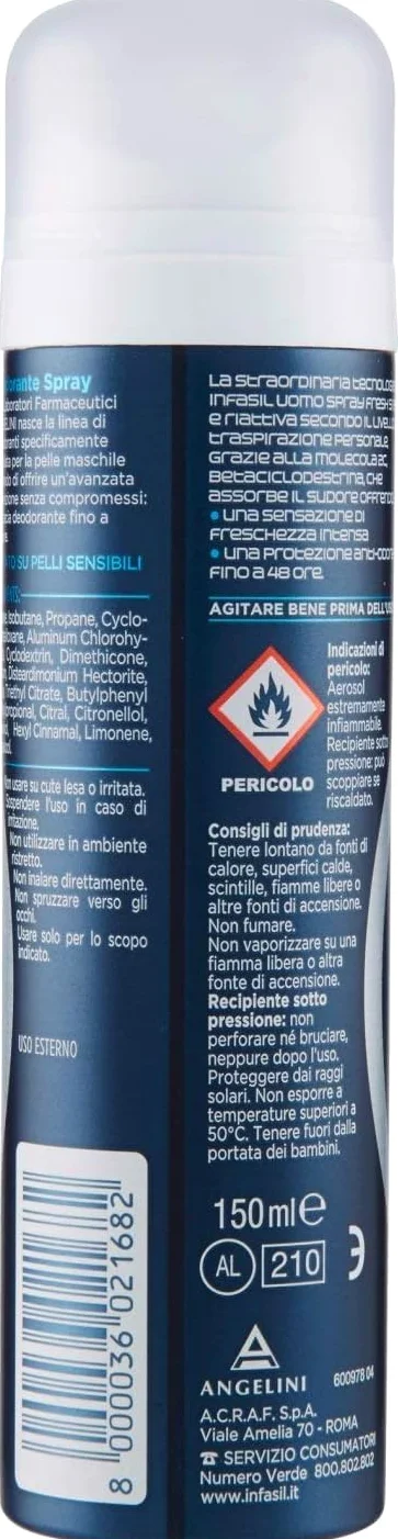12x Infasil Deodorante Spray Uomo Derma 48h Fresh con Molecola 2C,Freschezza Intensa, Deo 150ml + Portachiavi Beni Culinari in Omaggio