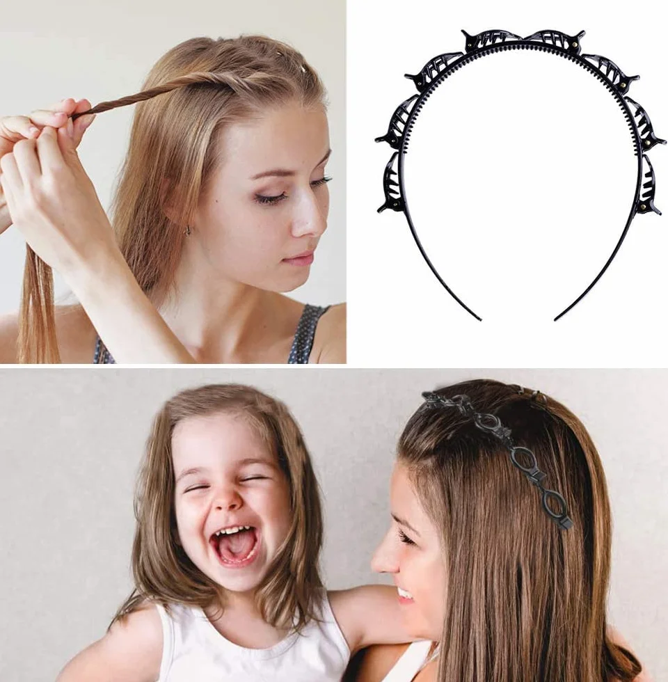 Fascia per capelli a doppio strato nera con clip per donne