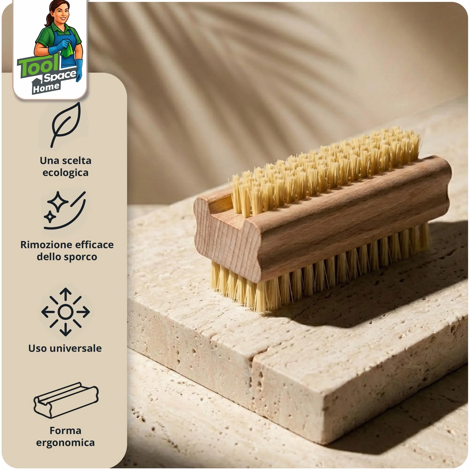 ToolSpace Spazzola per la Mano in Legno Faggio Spazzolina per Pulizia Unghie Mani e Piedi Setole Naturale Manicure Pedicure