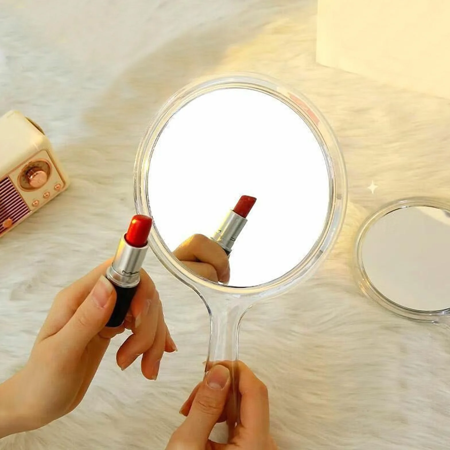 specchio a mano bifacciale, specchio a mano con manico, lente d'ingrandimento trasparente multifunzione 1x/2x, adatta per il trucco quotidiano femminile., SMJ-2X