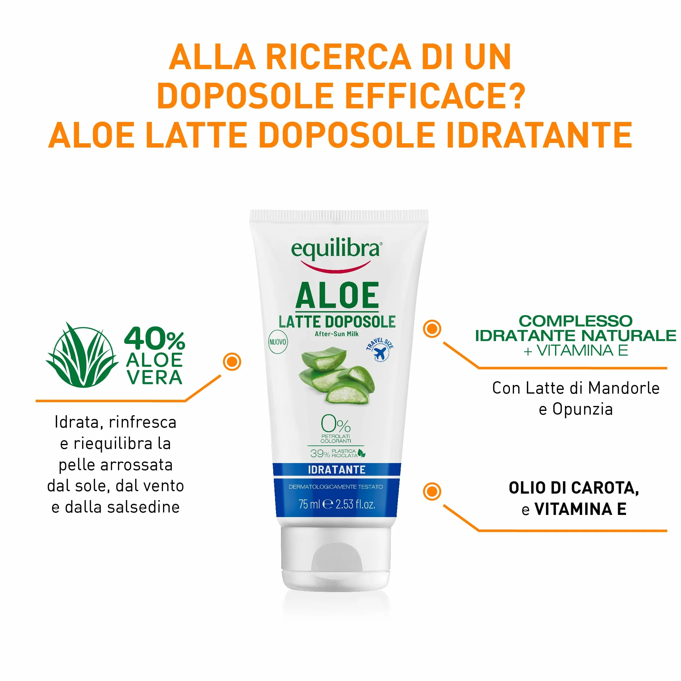 equilibra Solari, Aloe Latte Doposole Idratante Travel Size, a Base di Olio di Carota, Vitamina E, Aloe Vera equilibra (40%), Doposole Idratante che Rinfresca e Riequilibra la Pelle Arrossata, 75 ml