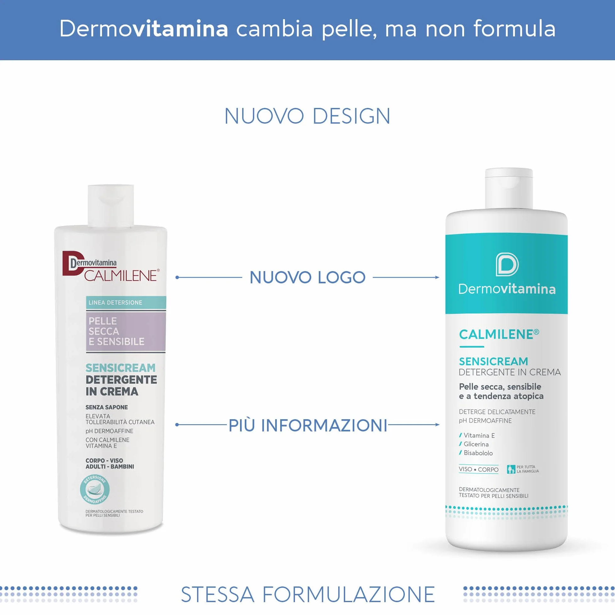 Dermovitamina Calmilene Sensicream Detergente 500 ml - Detergente Viso - Crema Idratante Viso e Corpo - Per pelle sensibili e dermatiti - Con Vitamina E e Calmilene - Senza Sapone