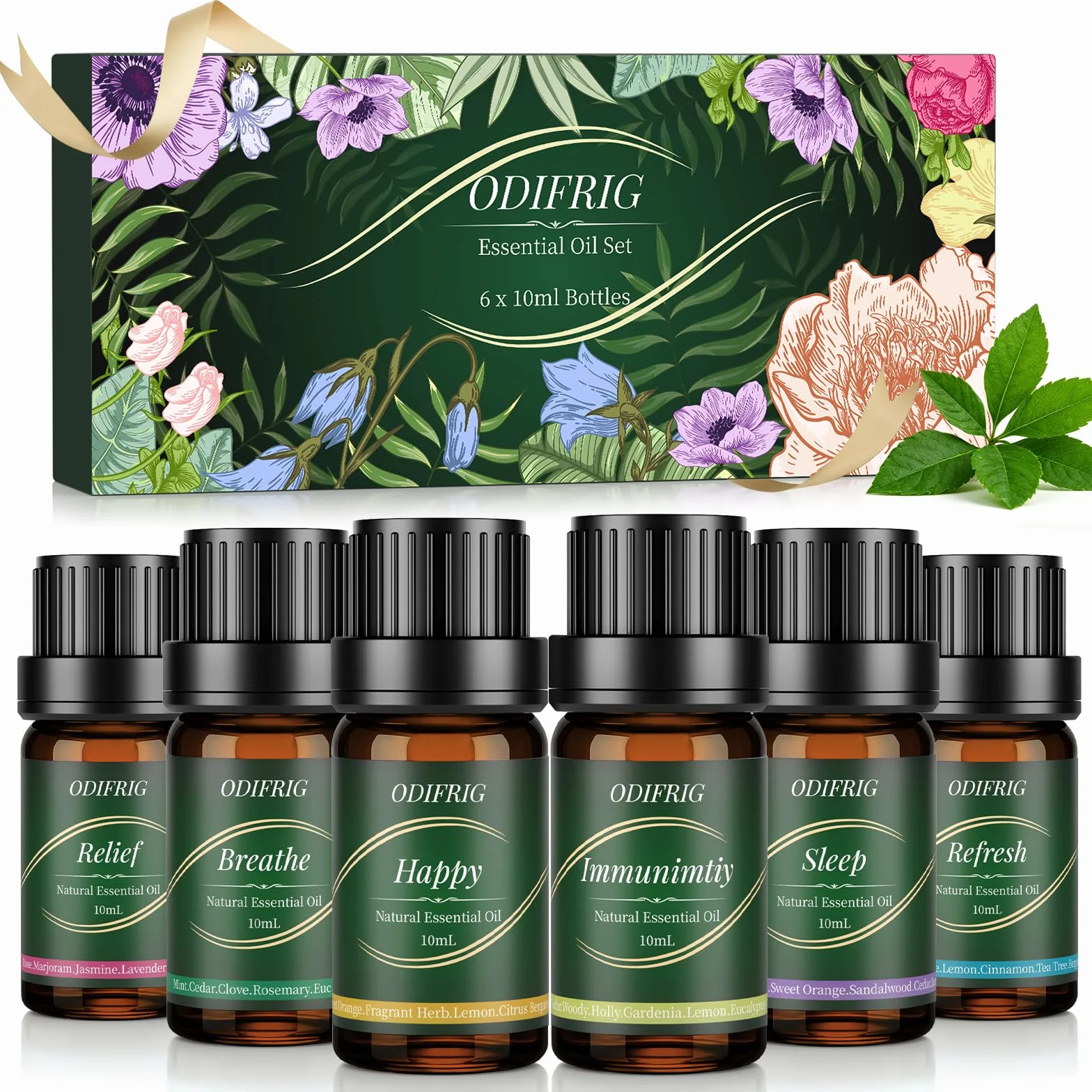 Oli Essenziali per Diffusore 6x10ml,Set Oli Essenziali Naturali per Aromaterapia Relax, Sonno,Anti Stress e Benessere,Spa Casa, Umidificatore - Refresh,Relief,Sleep,Breathe,Immunity & Happy
