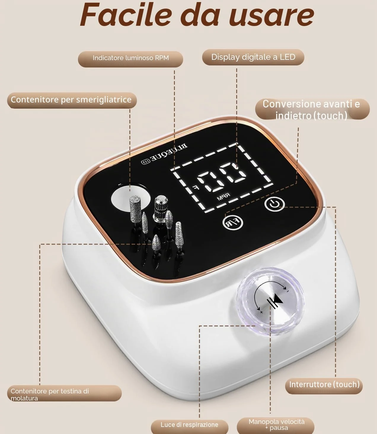 Zawaer Fresa per Unghie 45,000RPM, Professionale Lima Elettrica per Unghie, Touchscreen, con Punta in Ceramica Kit Unghie, Salone Manicure Set e Pedicure Elettrico per Semipermanente Gel Oro