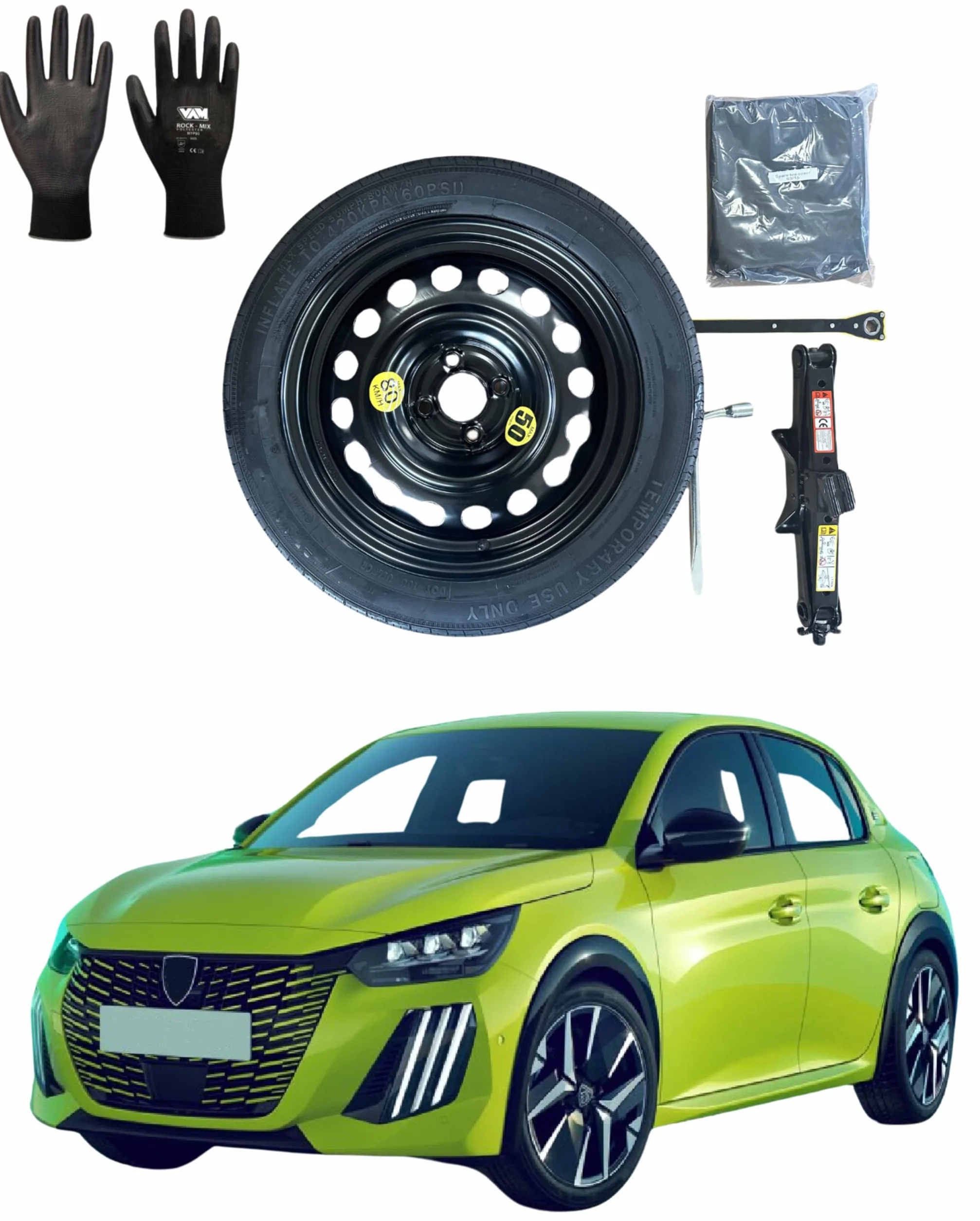 Kit Ruotino di Scorta 16" compatibile Peugeot 208 (2019) con Cric e Accessori