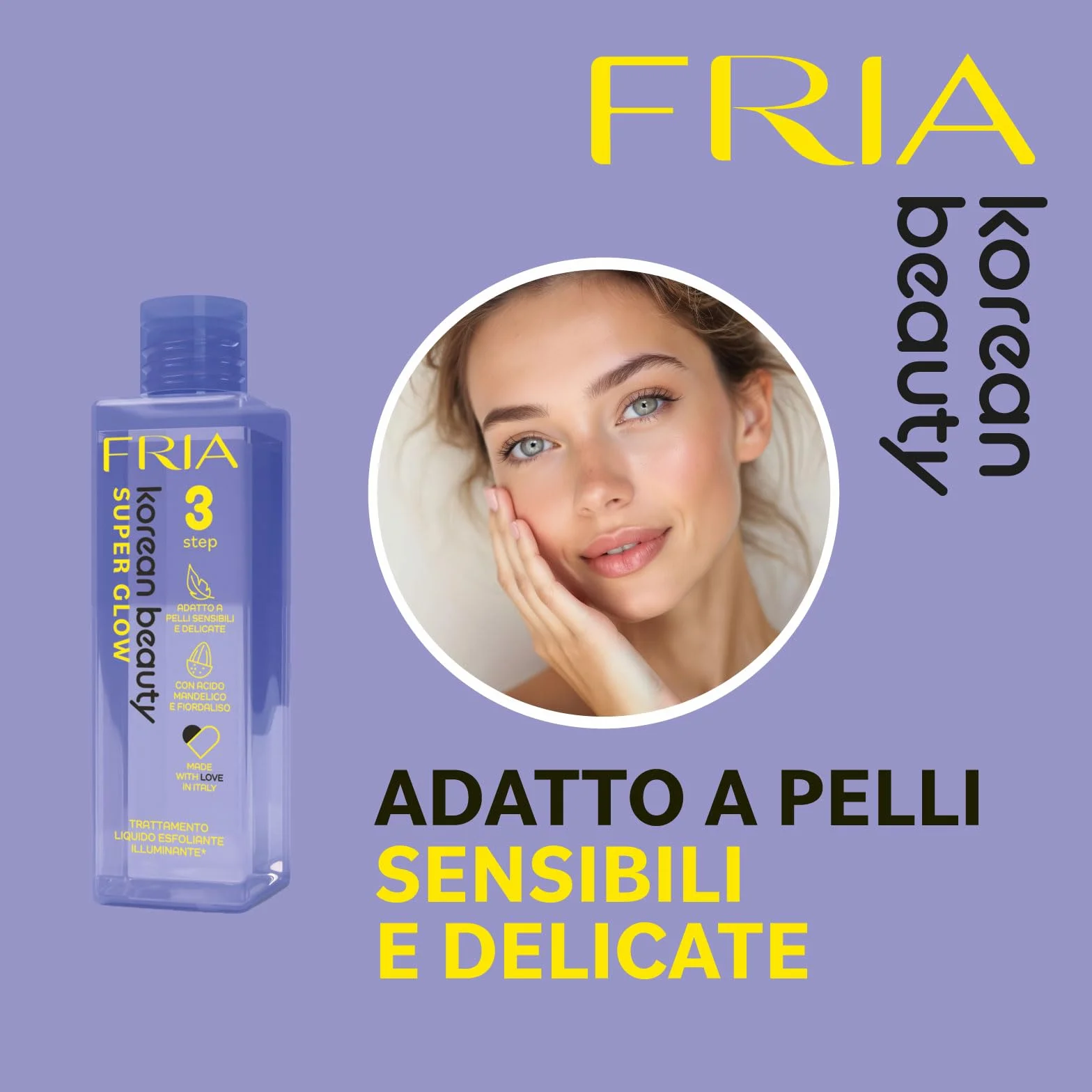 Fria Korean Beauty Trattamento Liquido Esfoliante Illuminante Super Glow, Adatto a Pelli Sensibili e Delicate, Con Acido Mandelico e Fiordaliso, Confezione da 150ml