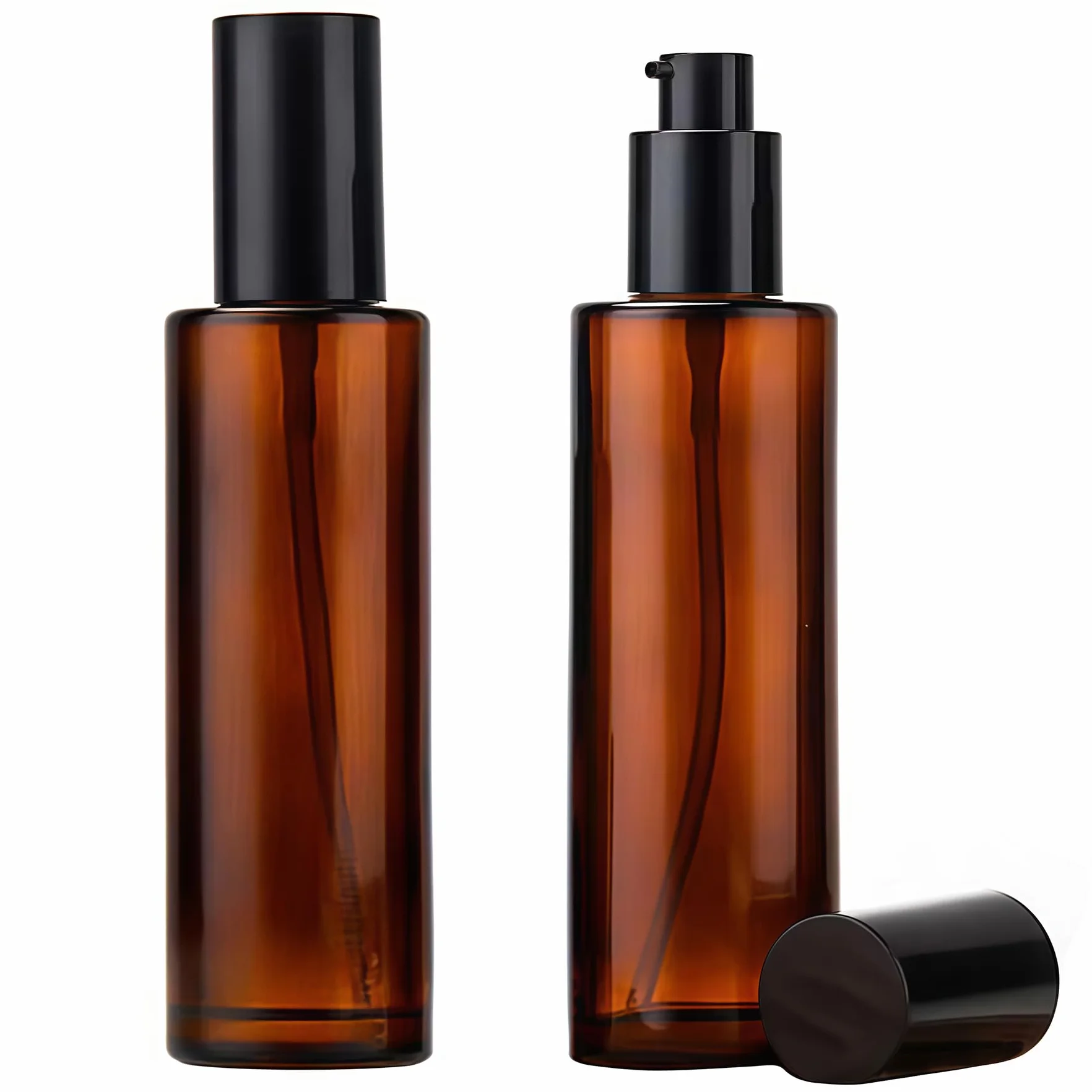 2 flaconi vuoti da 100 ml, ricaricabili, in vetro ambrato, con erogatore a pompa, dispenser di sapone con tappo nero, per fondotinta, crema, trucco, olio, shampoo