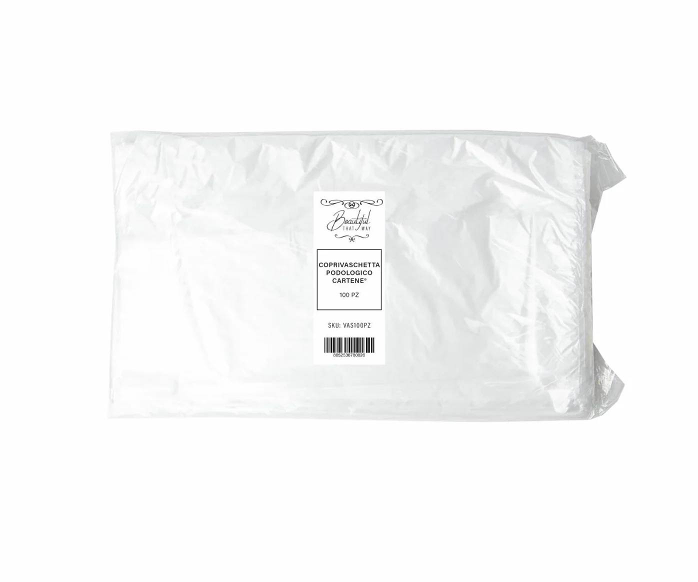 Coprivaschetta pedicure in Cartene® trasparente Beautiful That Way, monouso, 100 pezzi, misura 48x15x15 cm, impermeabile, resistente, Made in Italy, per uso professionale e casa