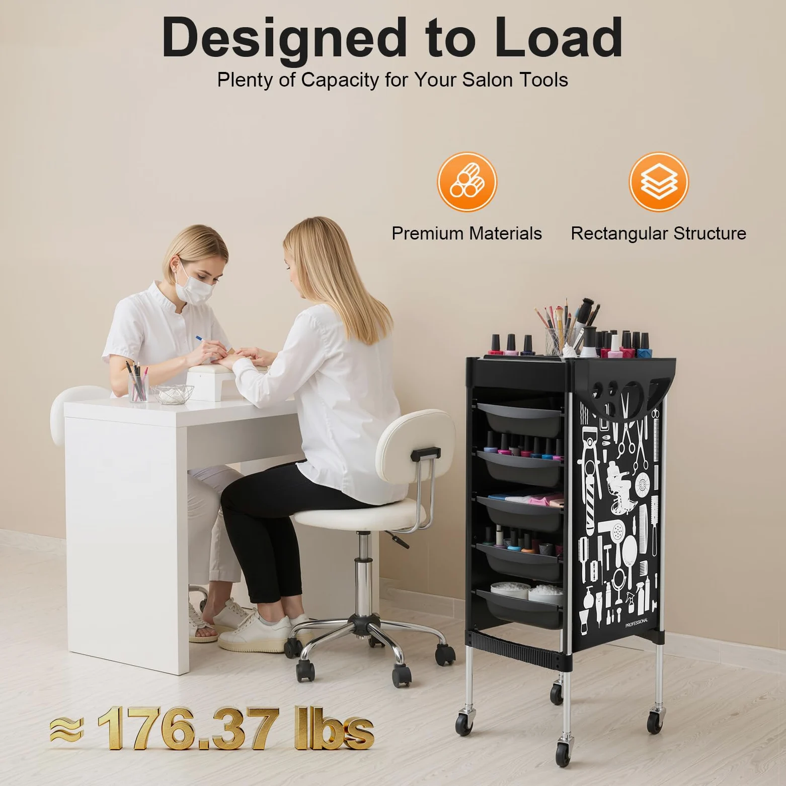 Carrello da parrucchiere con 5 cassetti, pieghevole, per salone e salone di unghie, in materiale PP, portata 80 kg, 36 x 90 cm, colore nero
