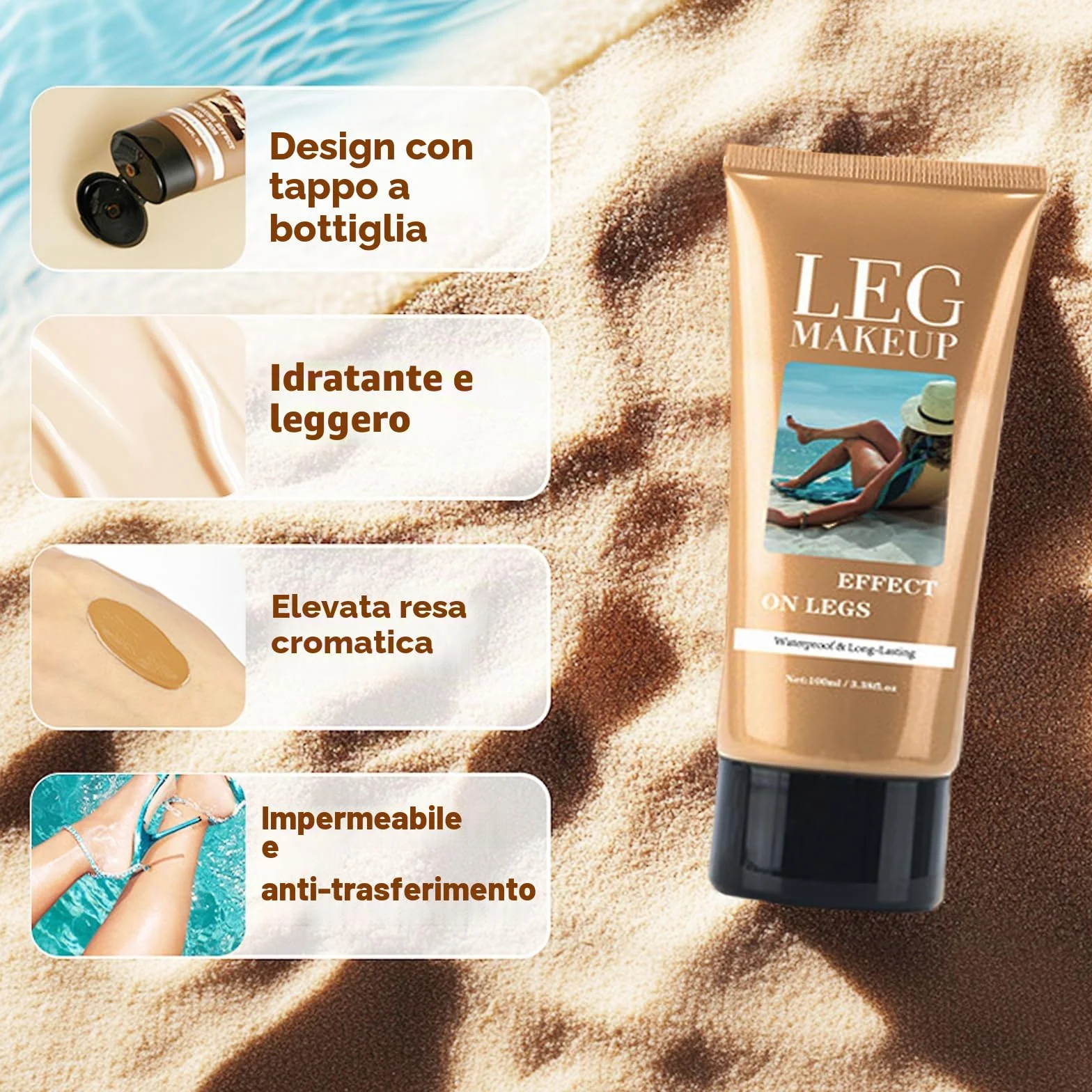 Trucco impermeabile per le gambe senza trasferimento, pennello per il corpo extra grande, copertura per vene varicose/cicatrici, Skin Perfecting Body Foundation
