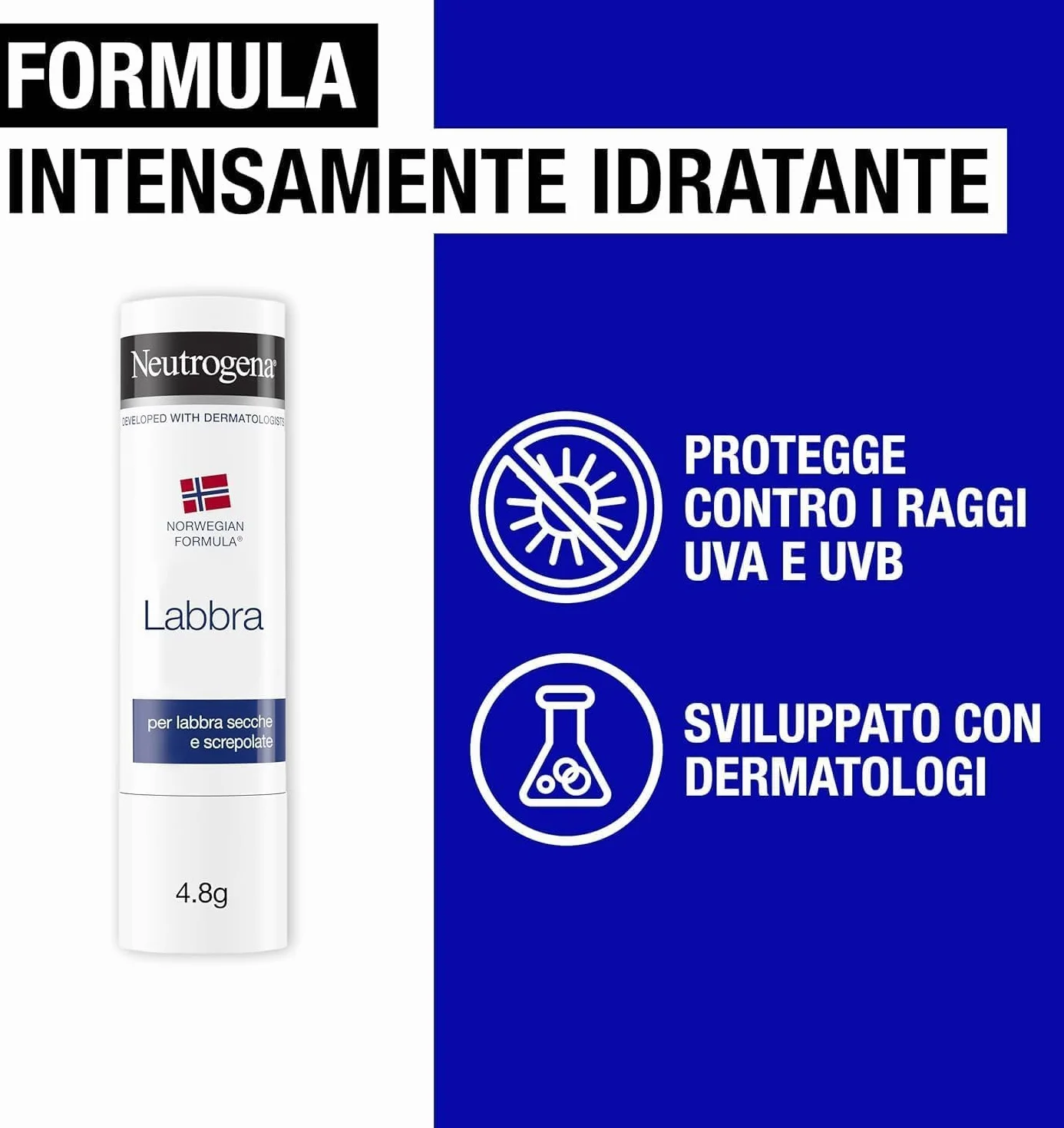 Neutrogena Formula Norvegese Balsamo Labbra Stick 4.8 g, Burrocacao protettivo per labbra secche, Idratante con Glicerina