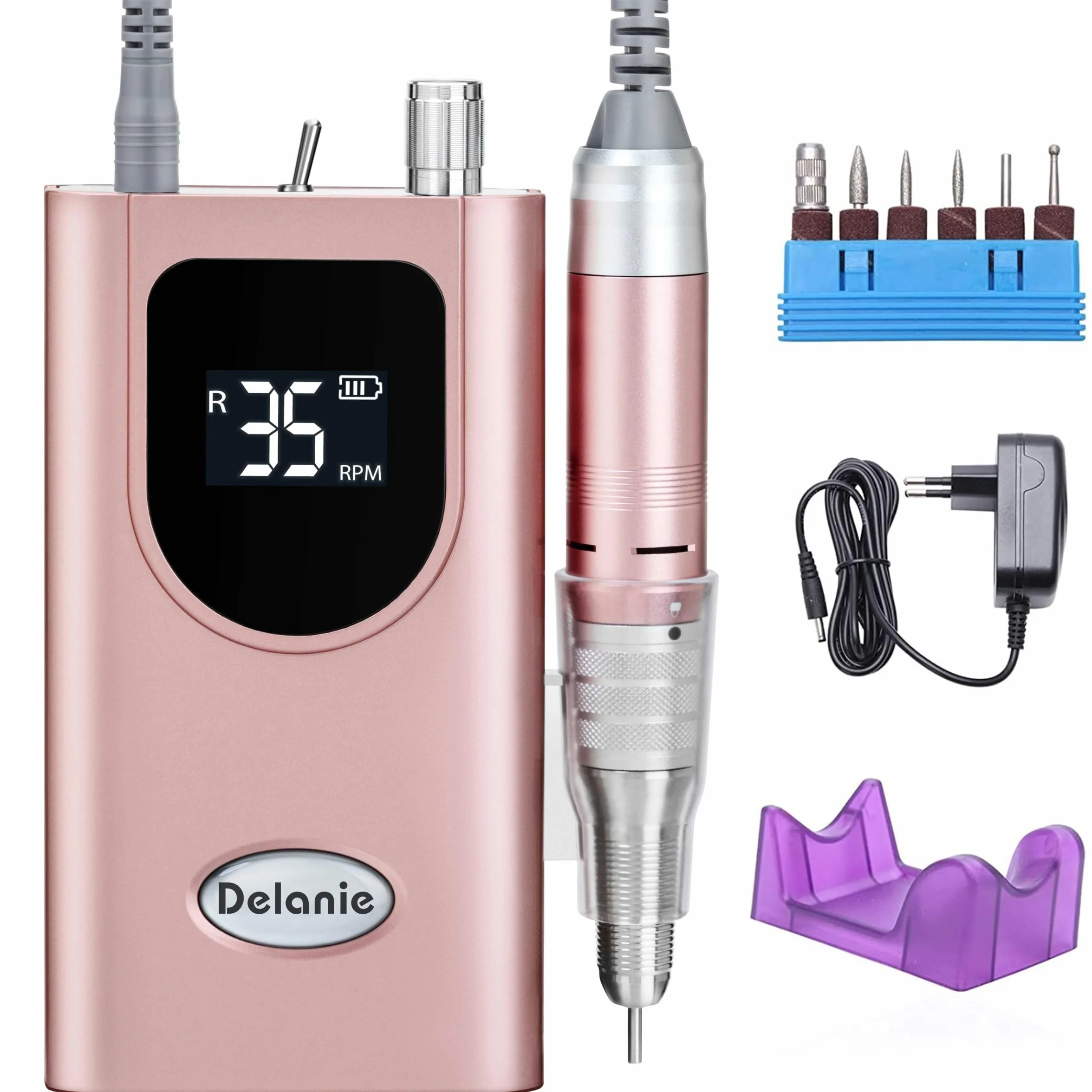 Delanie Fresa per Unghie Professionale, Portatile e Ricaricabile 35000 Giri a Display LCD per Manicure e Pedicure, Trapano Elettrico per Unghie Gel/Smalto Velocità Regolabile Rosa