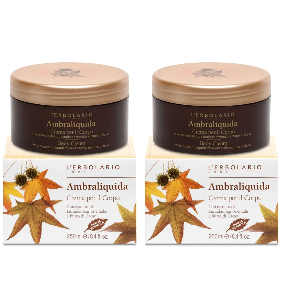 2x L' Erbolario - Crema Corpo AMBRALIQUIDA da 250 ml - Ricca e profumata emulsione per il Corpo, fragranza ambrata e vanigliata - in OMAGGIO pochette esclusiva L'Erbolario