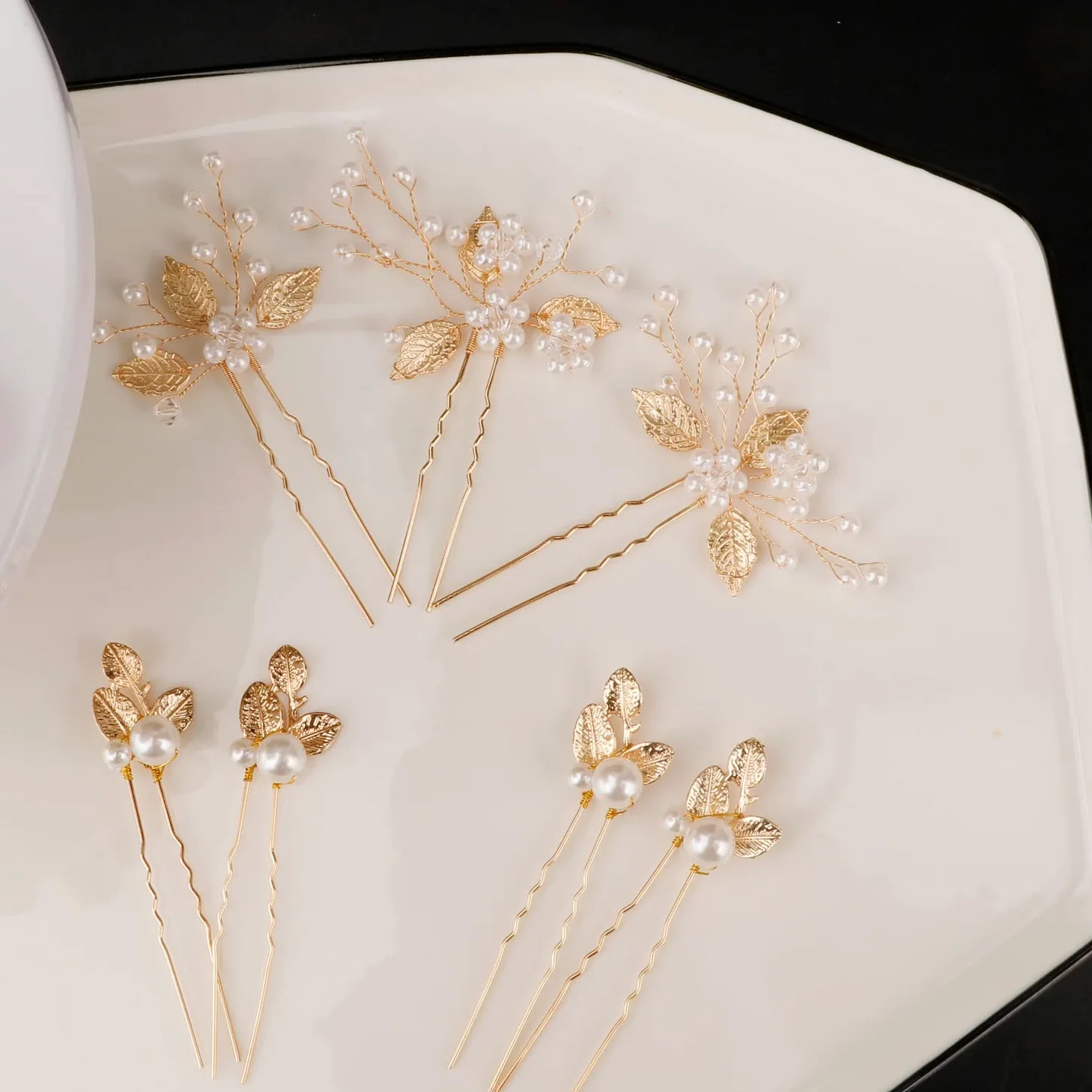 7 forcine per capelli da sposa con foglie dorate e perle per acconciature da sposa e per acconciature da sposa, accessori per capelli per fiori, accessori per capelli per spose damigelle e ragazze