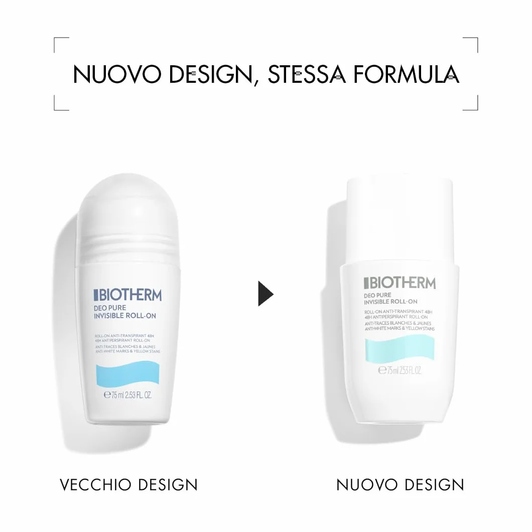 BIOTHERM, Deo Pure Invisible Roll-On, Deodorante Roll-On Antitraspirante, Efficace fino a 48H, Anti Macchie Bianche e Gialle sui Vestiti