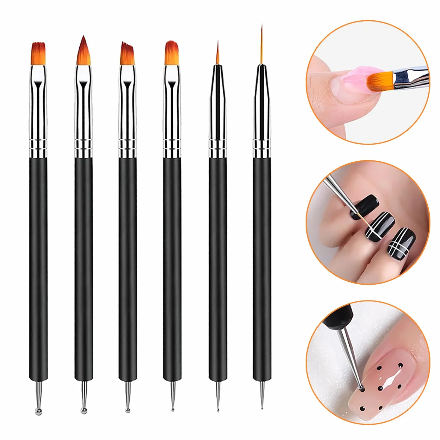 Pennelli Unghie Gel Doppia Punta Nail Art 6 Pezzi con Punteggiatura per DIY Decorazioni Nero