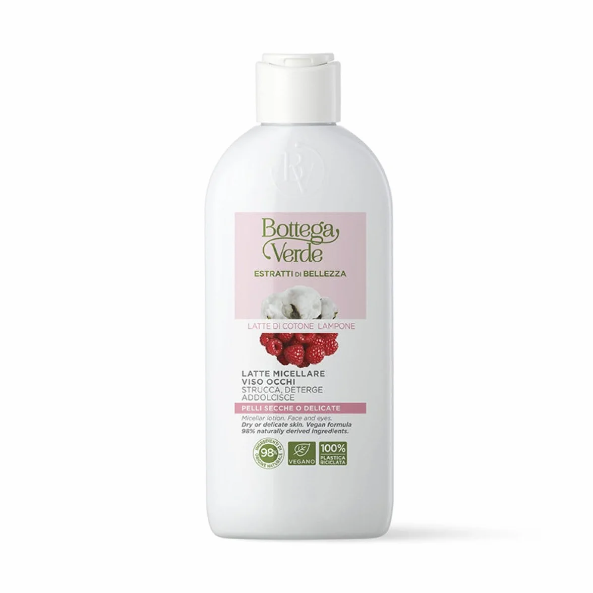 Bottega Verde - Estratti di Bellezza, Latte Micellare Viso e Occhi, 200 ml, Struccante Detergente e Addolcente, con Latte di Cotone e Lampone, per Pelli Secche o Delicate
