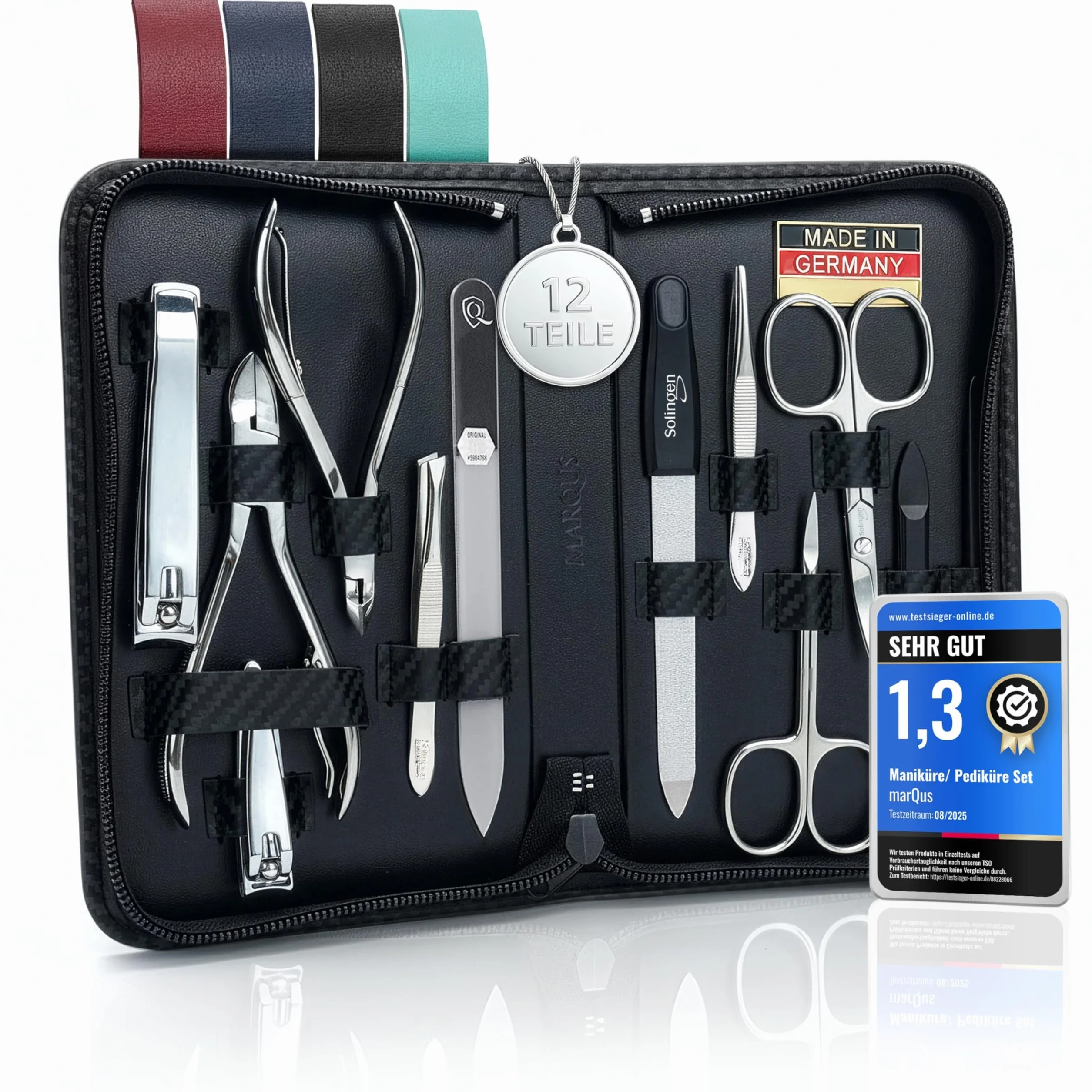 Solingen Set per Manicure Professionale – Pinza, Lima in Vetro, 12 Pezzi, Custodia in Pelle, Made in Germany