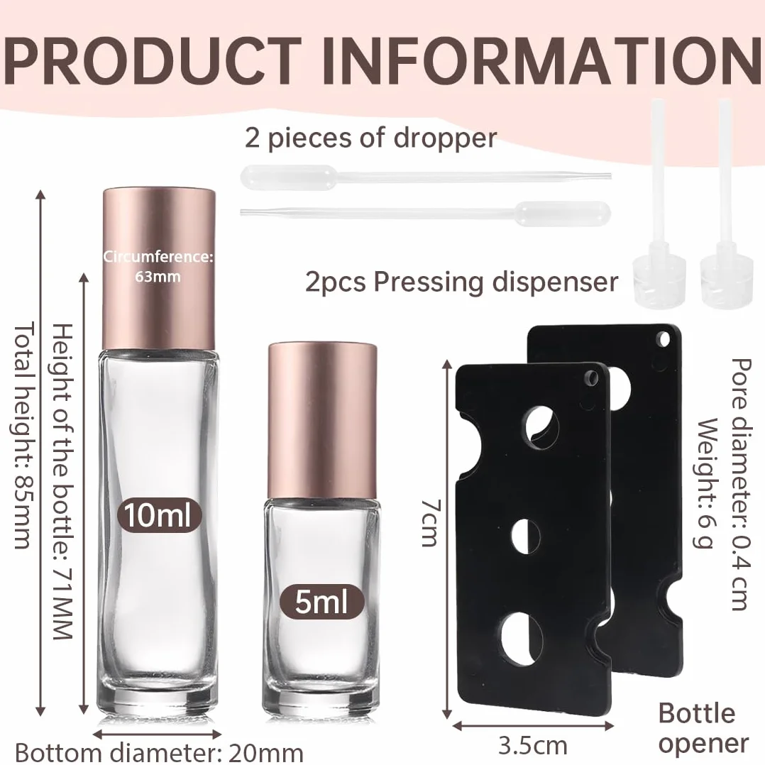10ml/5ml Roll on Vuoto per Oli Essenziali, Bottiglie roll on con 2 Apriscatole, 2 Contagocce e 2 Erogatori a Pompa per Profumi, Oli Essenziali e Cosmetici