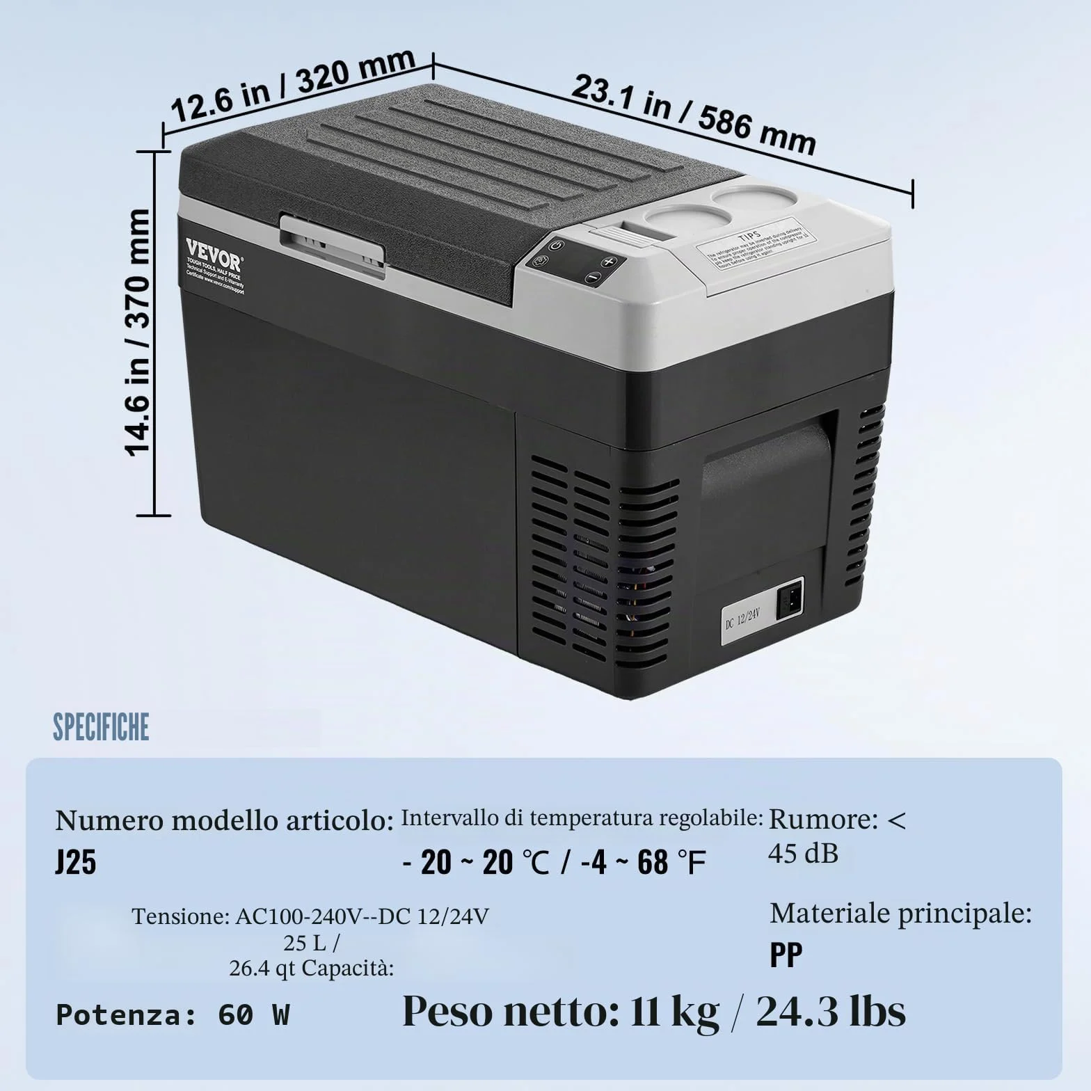 VEVOR Frigorifero Portatile 12V 25L Compressore Area Singola -20~20℃