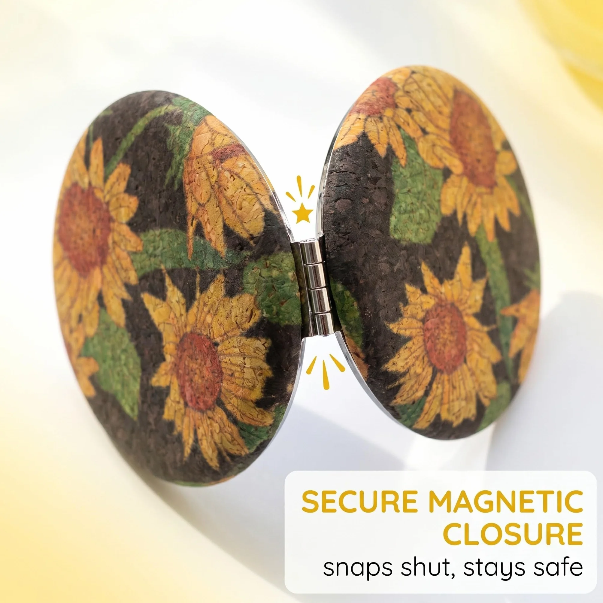 Specchio da Borsa Pieghevole con Girasole, Specchietto Trucco Portatile Vintage in Metallo e Vetro, Nero e Giallo