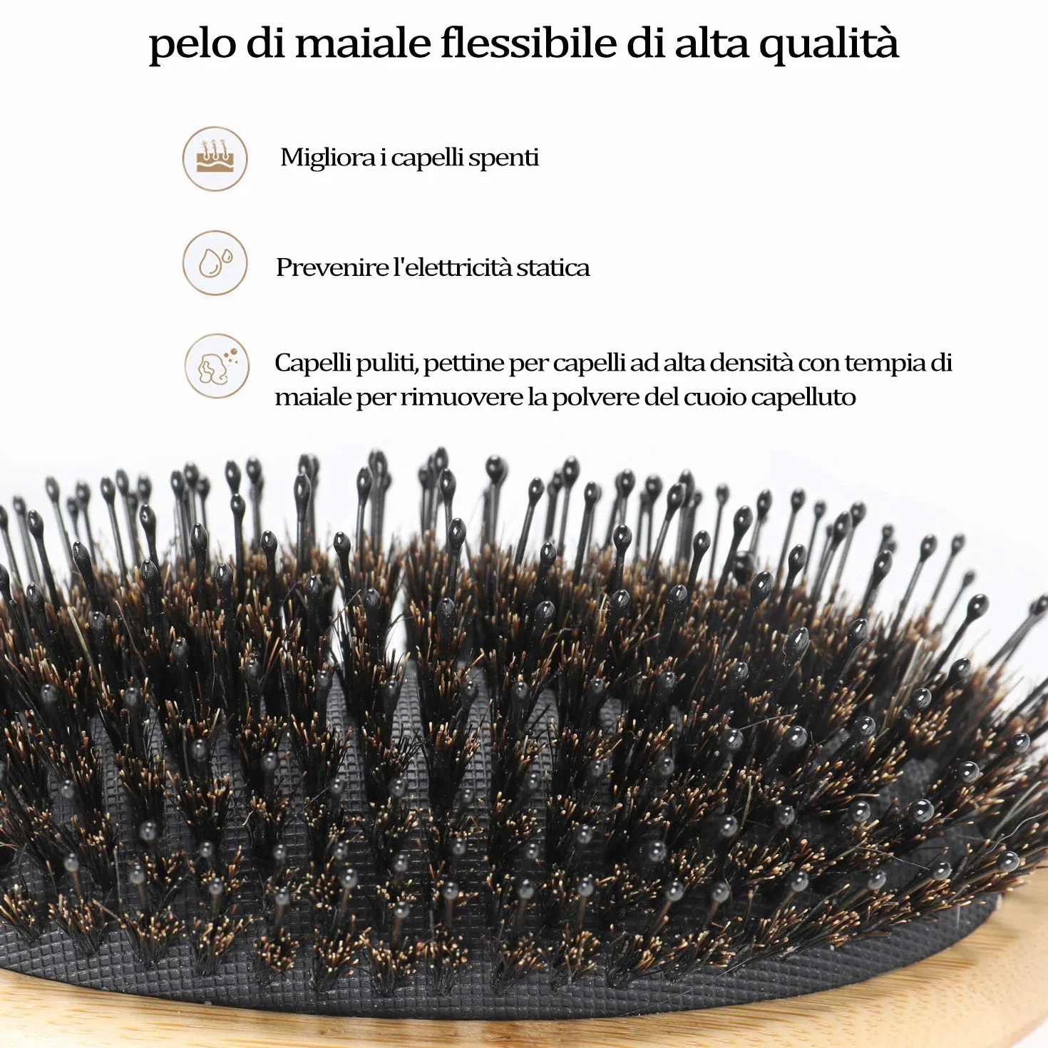 Spazzola per Capelli Professionale Setole di Cinghiale Manico in Bambù Pettine a Coda di Metallo