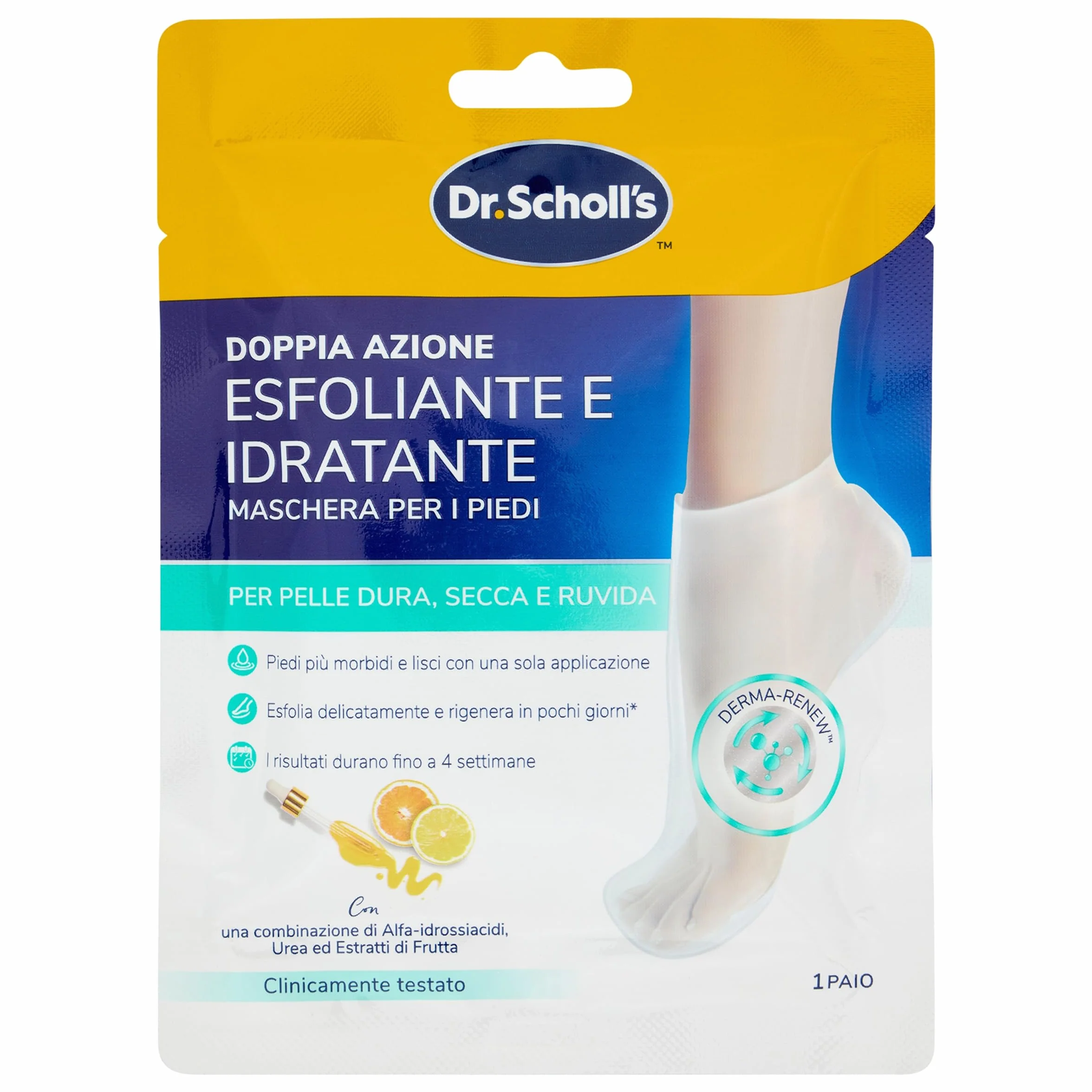 Dr. Scholl's Maschera Piedi Esfoliante e Idratante Doppia Azione, Peeling per Calli e Pelle Secca e Ruvida, Calze Trattamento con Urea e AHA, Piedi Lisci e Morbidi fino a 4 Settimane, 1 Paio