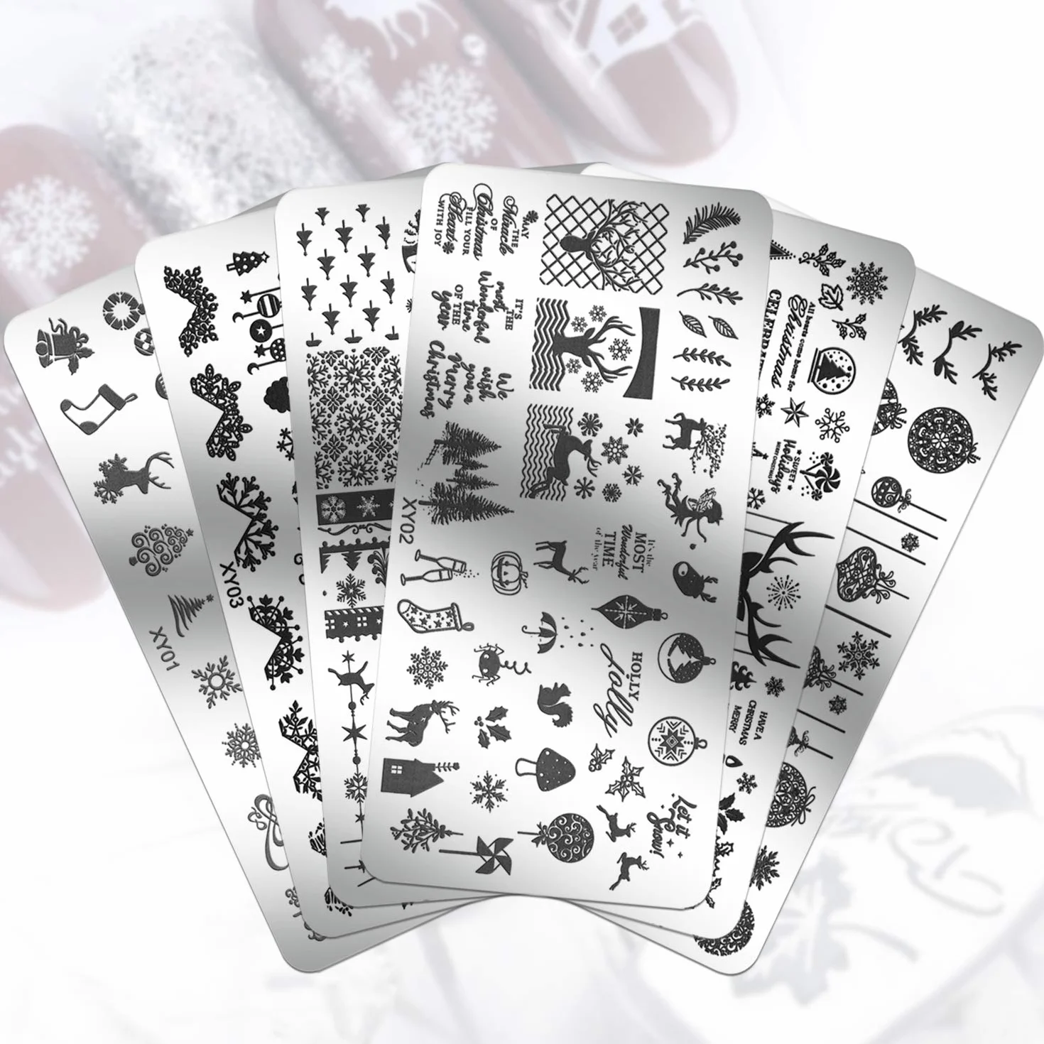 6 Pcs Christmas Nail Stamping Plate, MWoot Natale Fiocco di neve dei cervi dell'albero Nail Art Unghie Timbro Nail Art Stamp Plates Chiodo quadrato rotondo