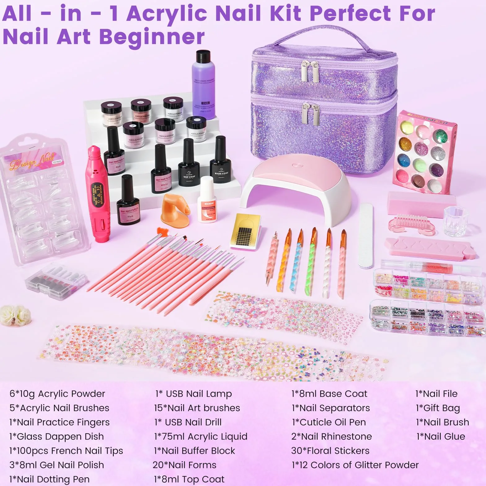 Deciniee Kit per unghie in acrilico: set in polvere acrilica con lampada UV, trapano elettrico per unghie, punte finte, 6 colori polvere + gel monomero, set per nail art in confezione regalo viola, da
