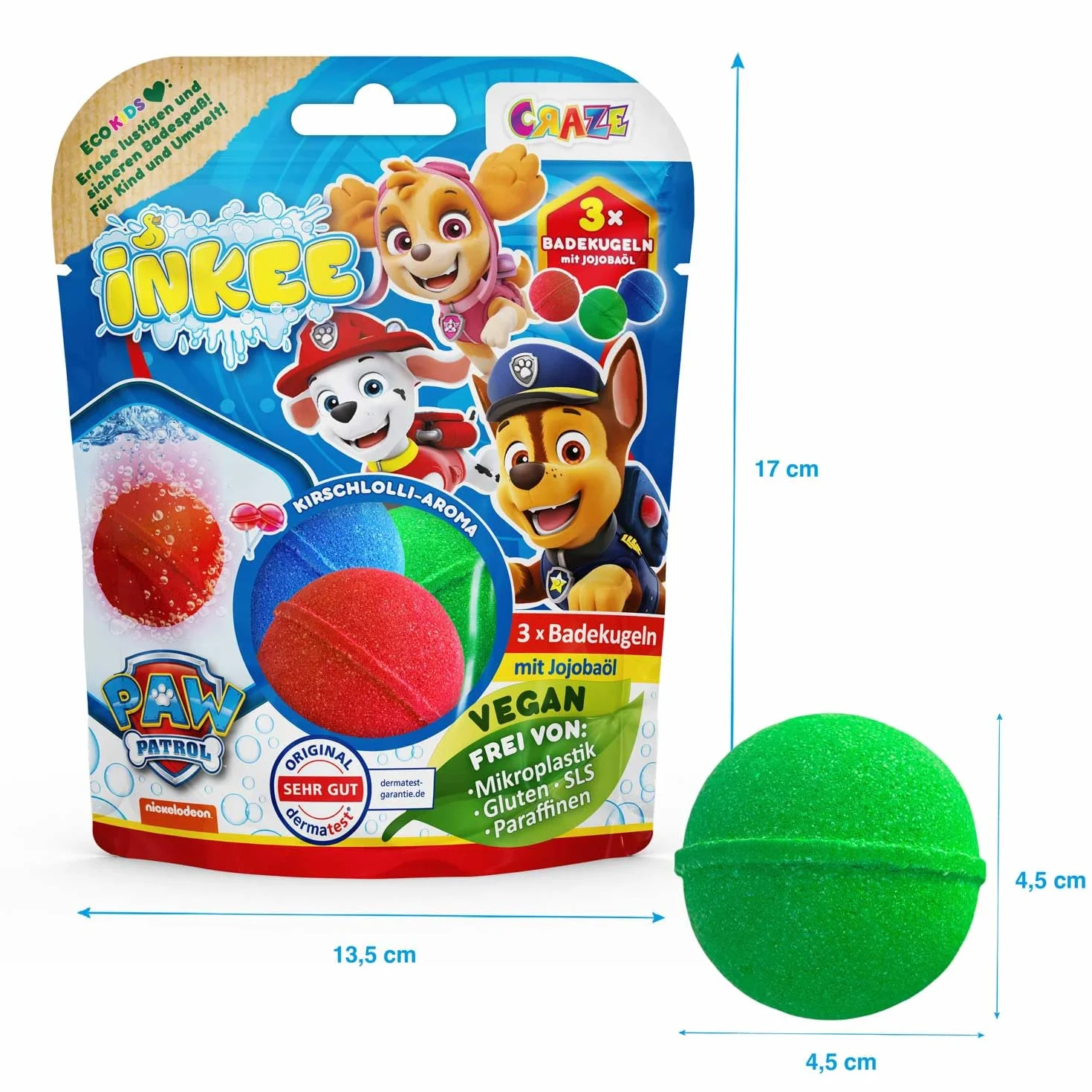INKEE Paw Patrol Bombe da Bagno Bambini 3 Pezzi – Colorate con Aroma Ciliegia e Olio di Jojoba – Bath Bomb Naturali per Vasca – Adatte a Bambini dai 3 Anni