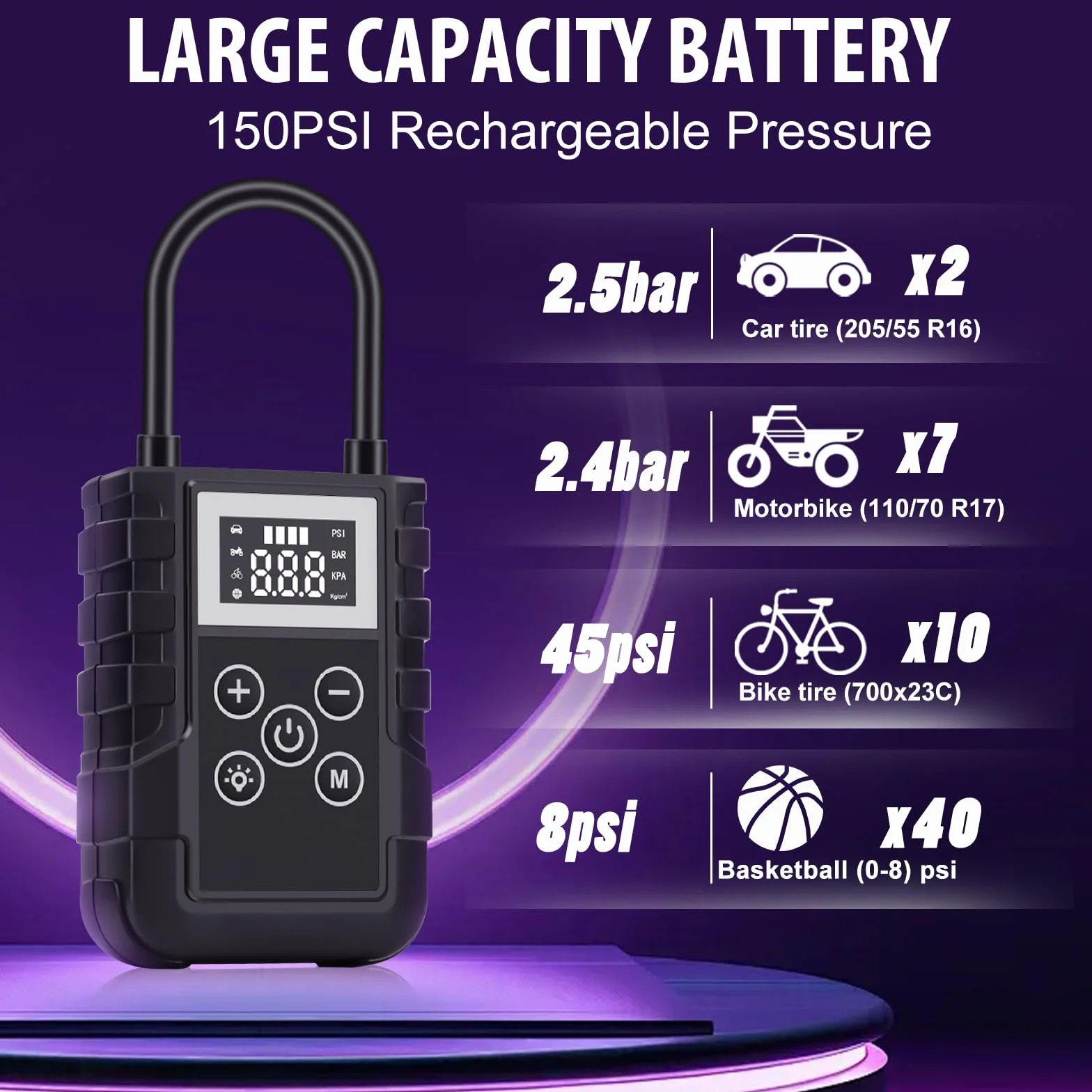 Mini Compressore D'Aria Portatile Auto, YOYOPOW Pompa Elettrica 150PSI per Bicicletta, Gonfia Elettrico per Palloncini con Schermo LCD Digitale e Torcia LED per Vetture/Bici/Moto/Scooter/Pallone
