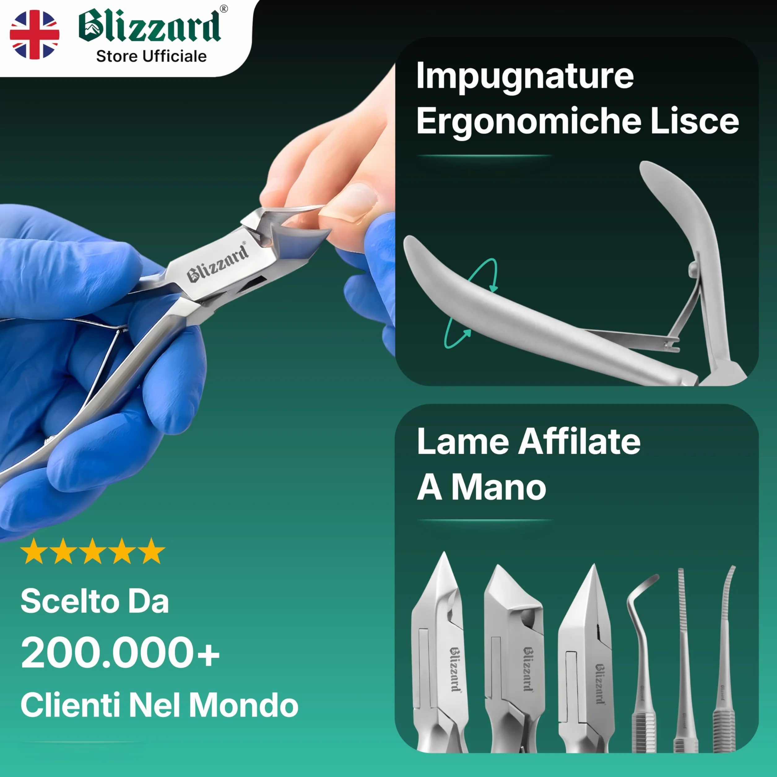 Blizzard Set Podologia 5 Pezzi Acciaio Inox - Kit Pedicure Unghie Spesse e Incarnite