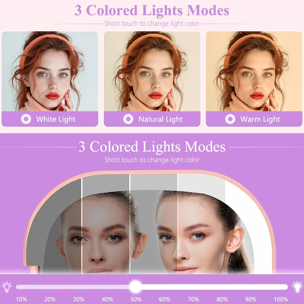 HOTUT Specchio da Trucco con Luce LED, 1X/3X Ingranditore da Viaggio, 3 Colori di Luce, Luminosità Regolabile, USB Ricaricabile, Rosa