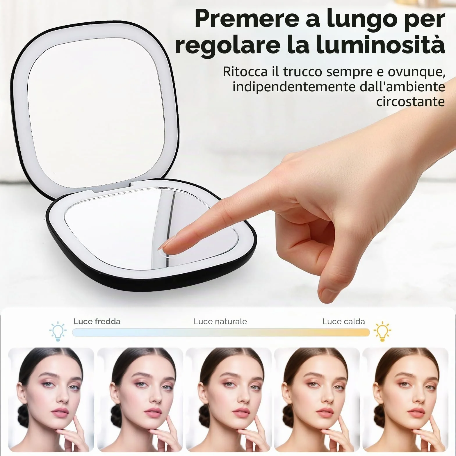 Specchio Portatile con Luce LED Ingranditore 1X/10X Regolabile Luminosità per Trucco Nero