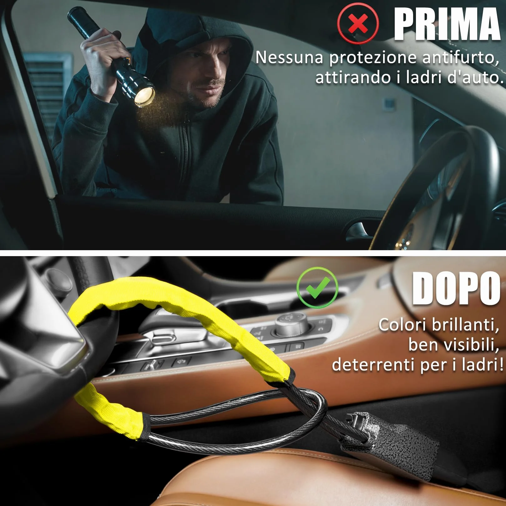 Tevlaphee Blocca Sterzo Automobile Antifurto Testa in Metallo Universale 3 Chiavi Giallo