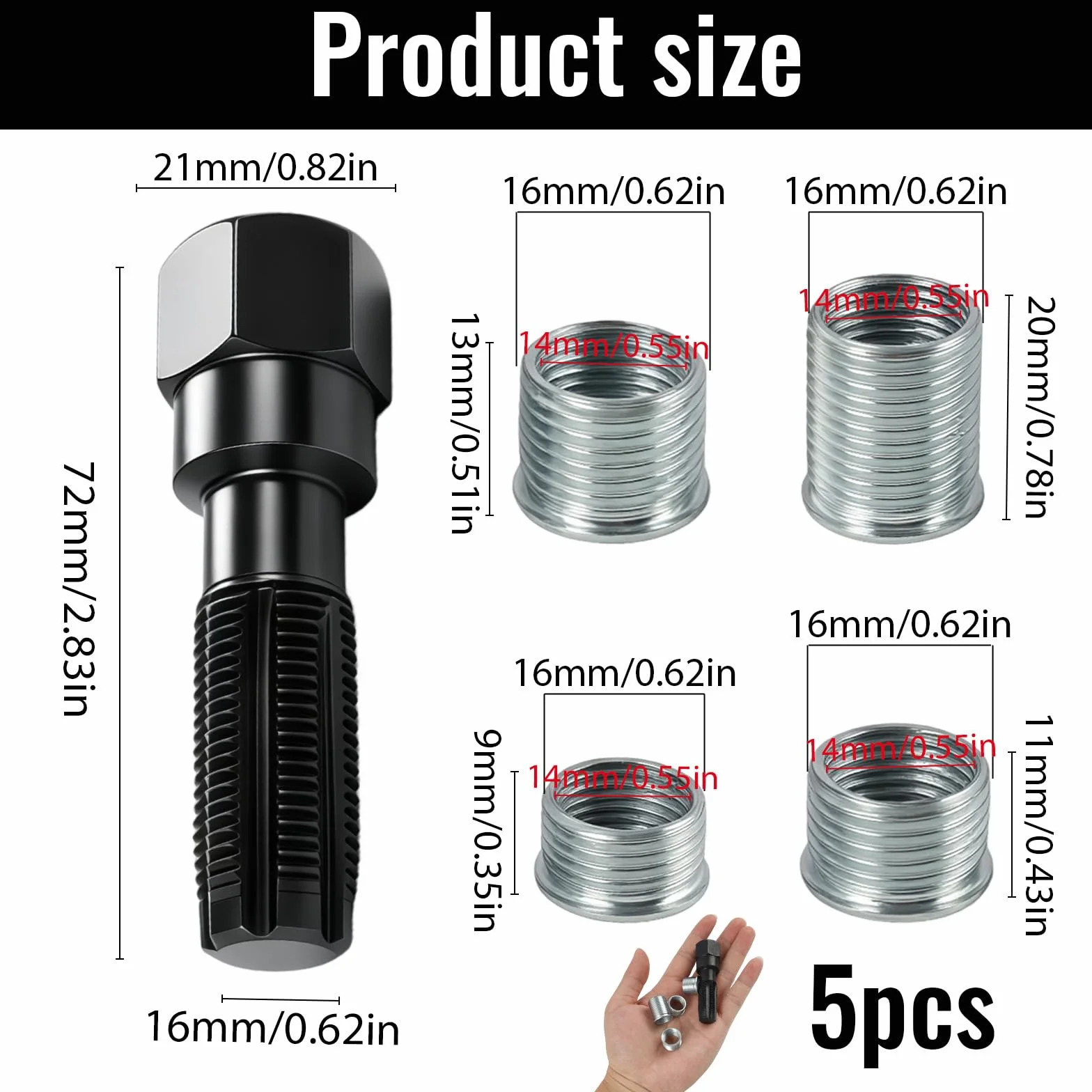 Zestaw naprawczy gwintu świec zapłonowych M14x1,25, chromowo-wanadowy, 5 sztuk