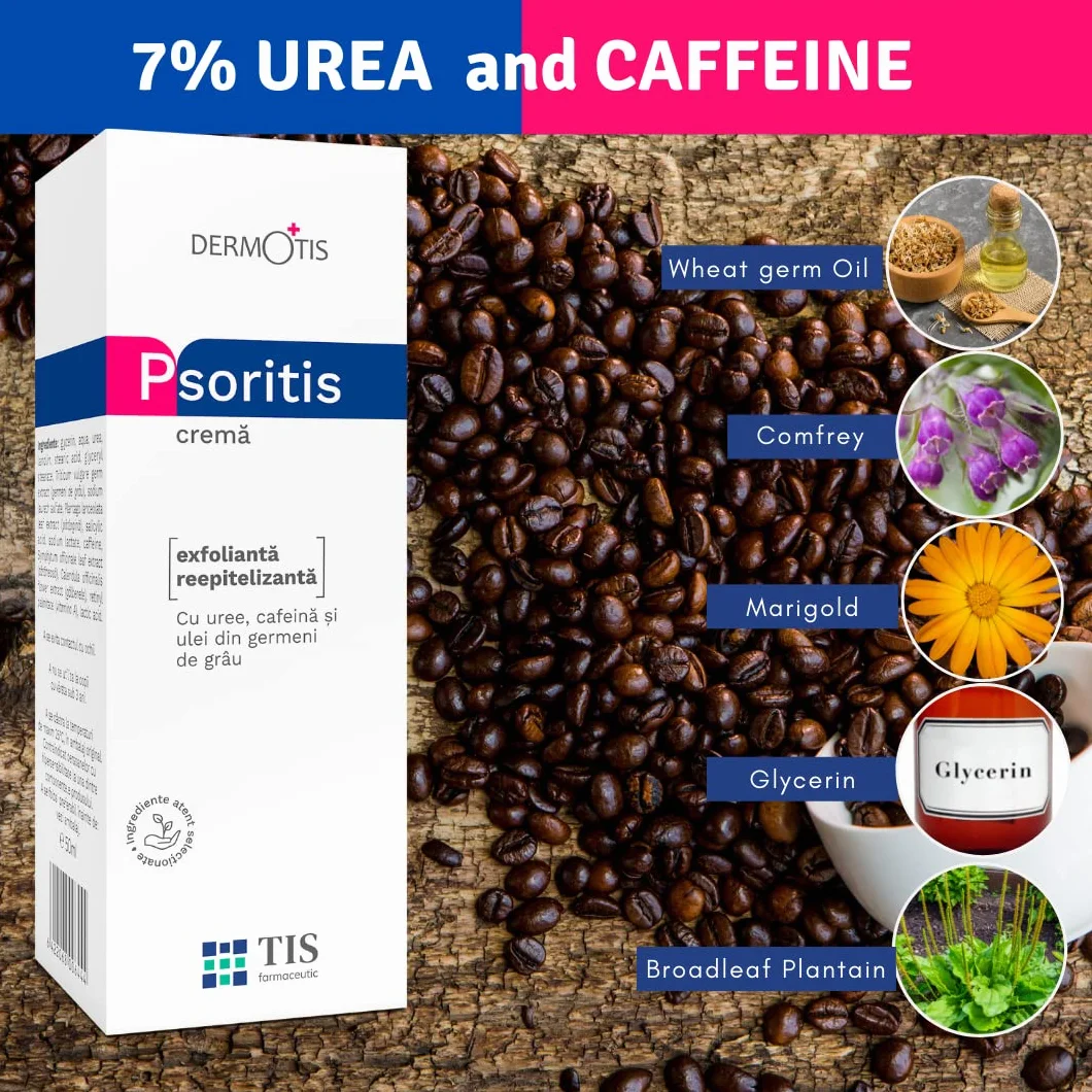 TIS Crema Urea 7%, per Eczemi, Pelle sogeto a Psoriasi, Cheratosi - Guarigione Delle Ferite - Pelle Secca, Screpolata e Ruvida - Mani, Piedi, Unghie, Gomiti, Ginocchia - Caffeina, Vit A