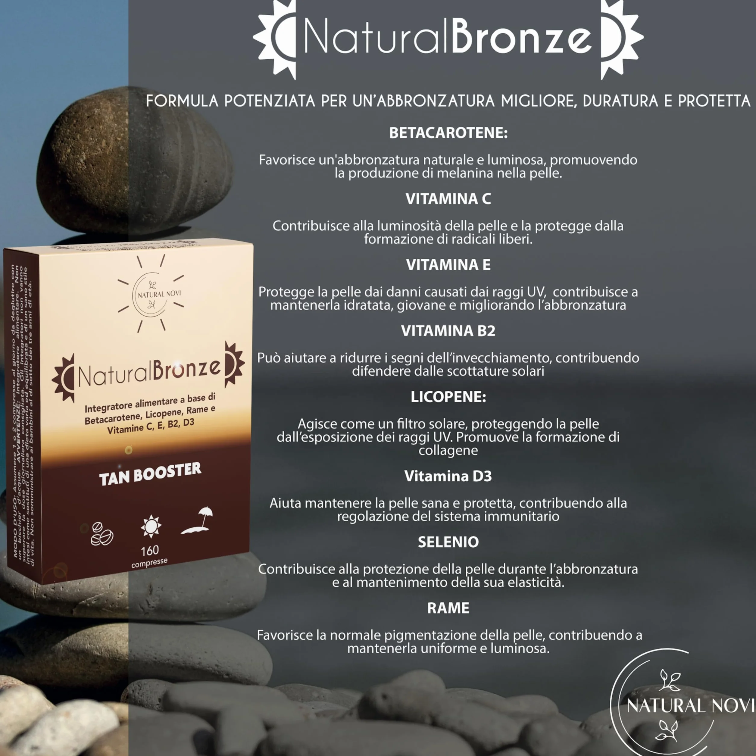 NaturalBronze Integratore Abbronzatura 160 compresse Betacarotene Licopene Rame Selenio Vitamine B C D E