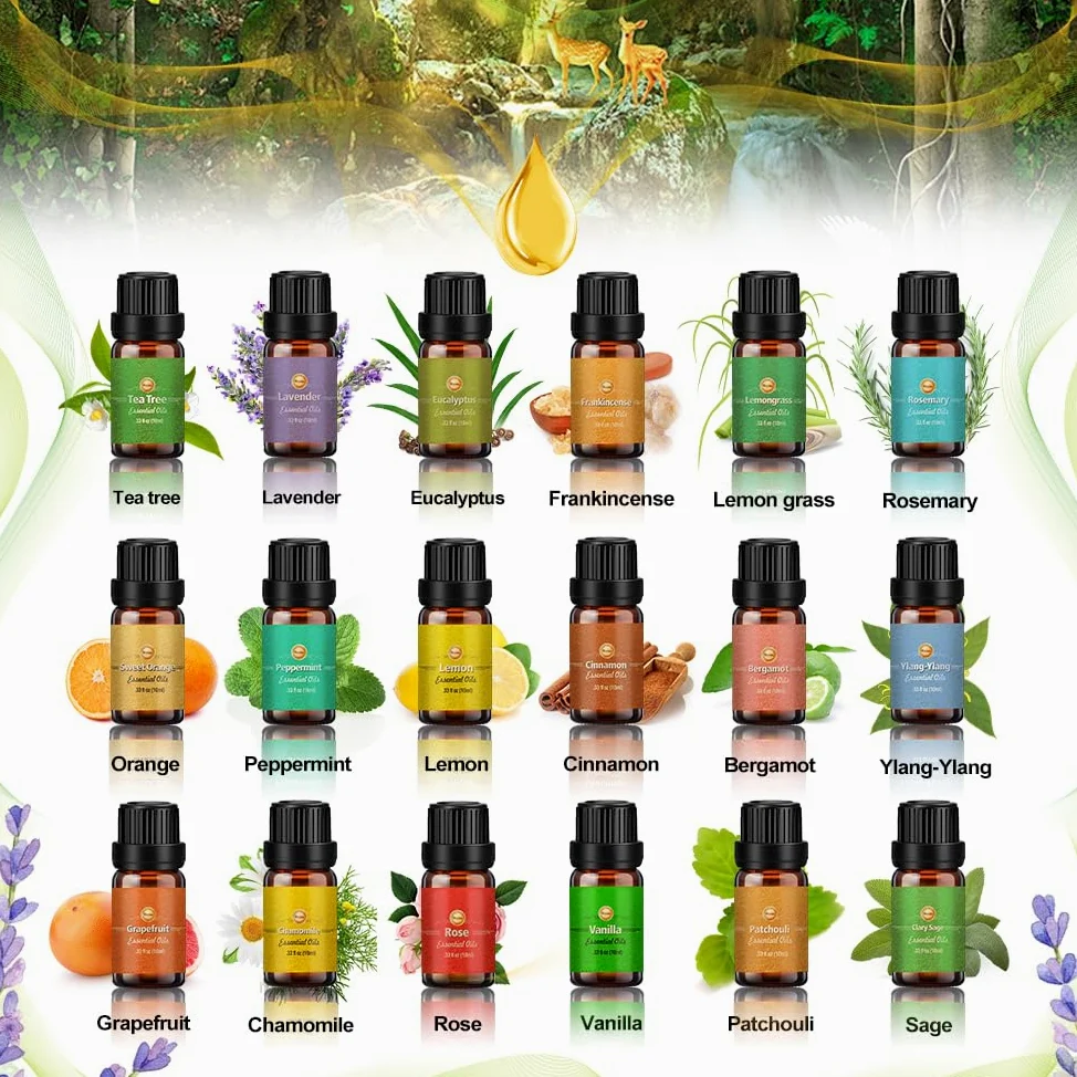 Oli Essenziali per Diffusori, Set di olio essenziale 18 x 10 ml, Essenze Naturali,Tea Tree Lavanda Rosmarino Eucalipto Ylang-ylang Incenso Citronella Arancia Menta Limone Bergamotto