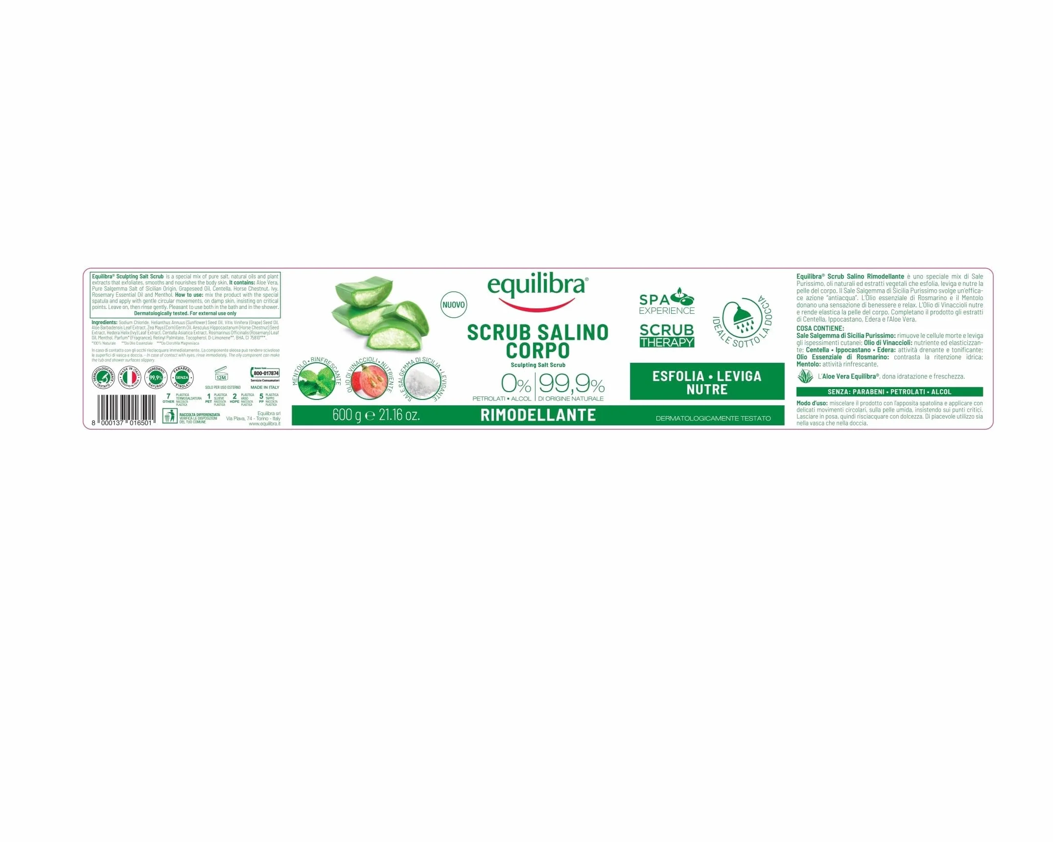 Equilibra Scrub Salino Corpo Rimodellante 600 g Sale Salgemma Sicilia Aloe Vera Oli Naturali