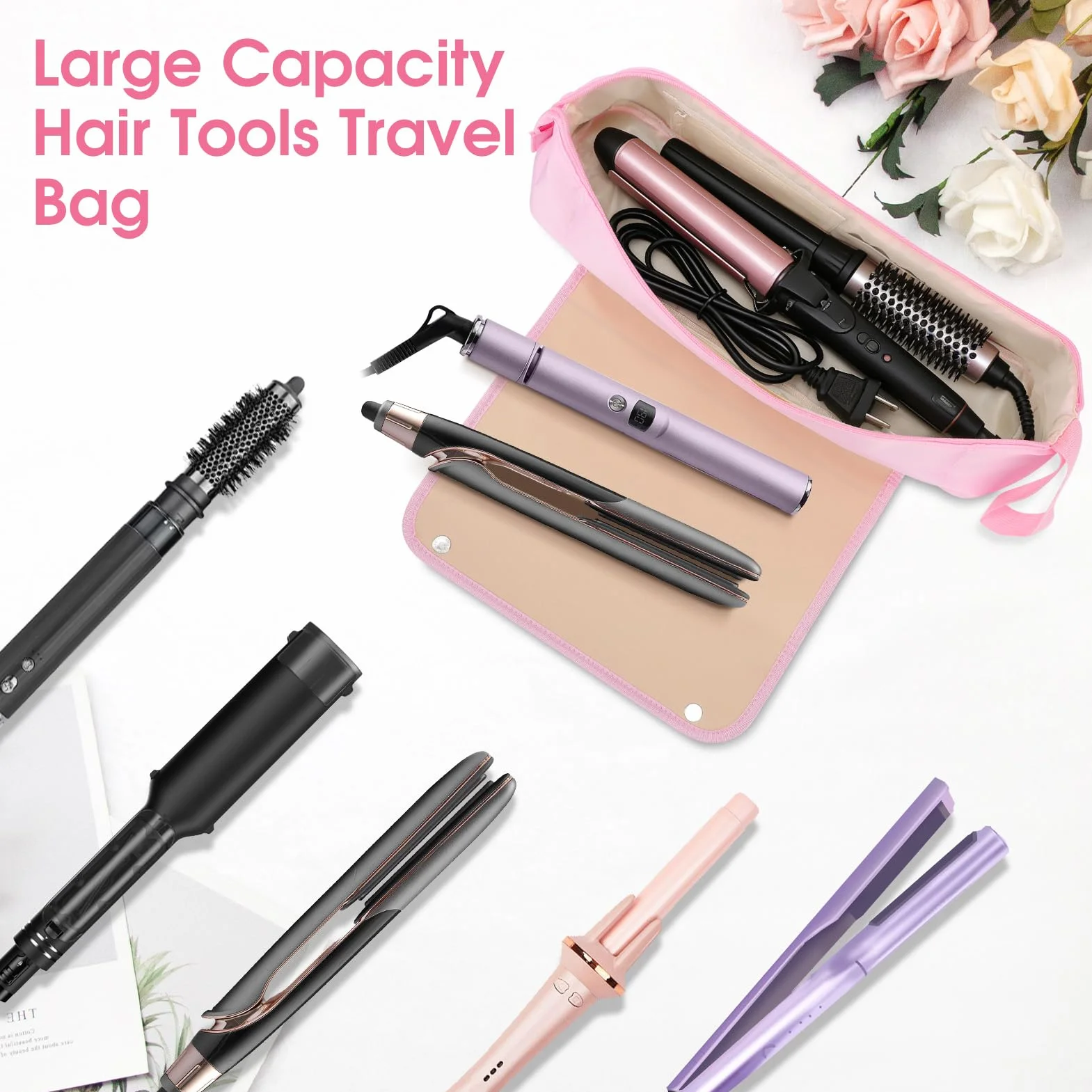 Gugxiom Borsa da viaggio per acconciature con base resistente al calore, borsa 2 in 1, grande capacità per arricciacapelli, piastre per capelli, asciugacapelli e spazzole ad aria calda (rosa)