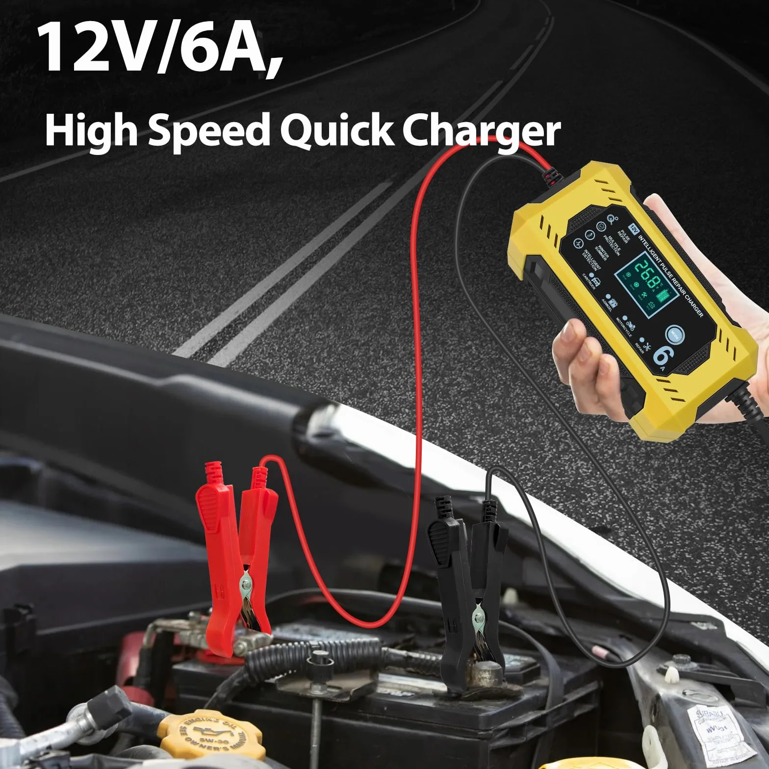 Carica Batteria per Auto 12V 6A Caricabatterie Intelligente con Schermo LCD Touch Screen Rilevamento Automatico Riparazione Manutenzione