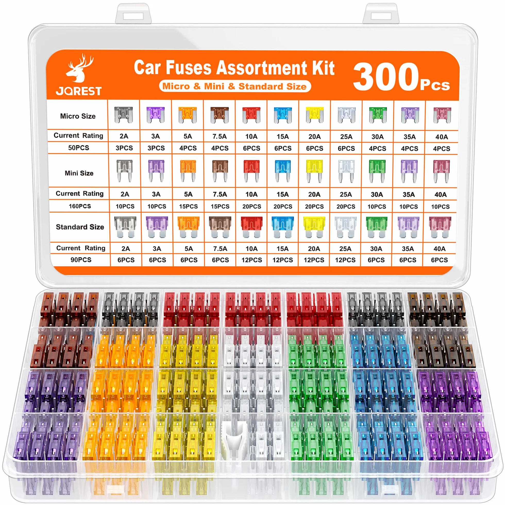JOREST 300Pcs Fusibili Auto Assortiti Kit, 160 Mini + 90 Medio + 50 Micro + Estrattori (2A-40A)