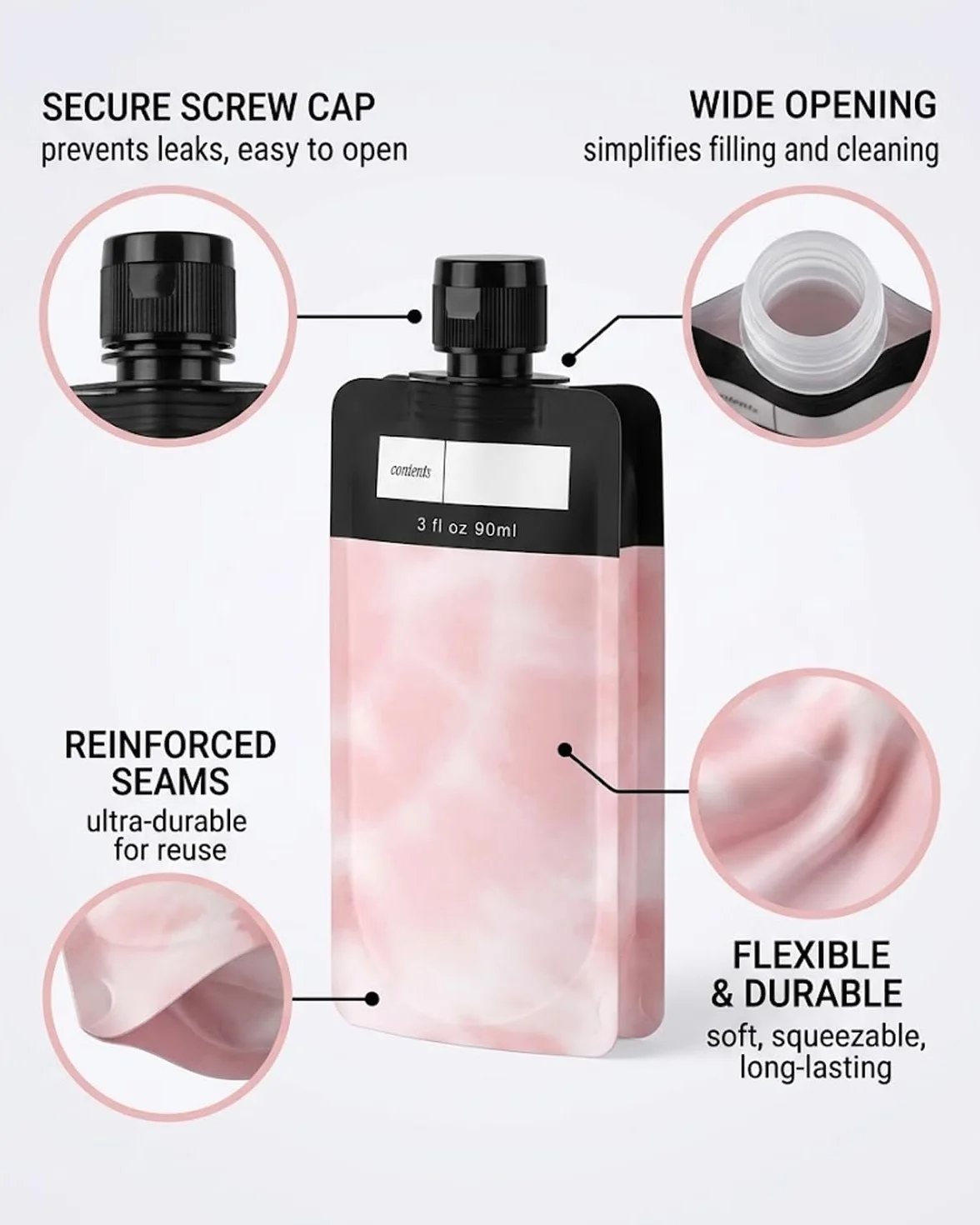 Flaconi da Viaggio Set 6 Pezzi, A Prova di Perdite, Riutilizzabili in Plastica per Shampoo, Lozione, Cosmetici. Ideali per Bagaglio a Mano Aereo (Rosa, Viola, Nero).