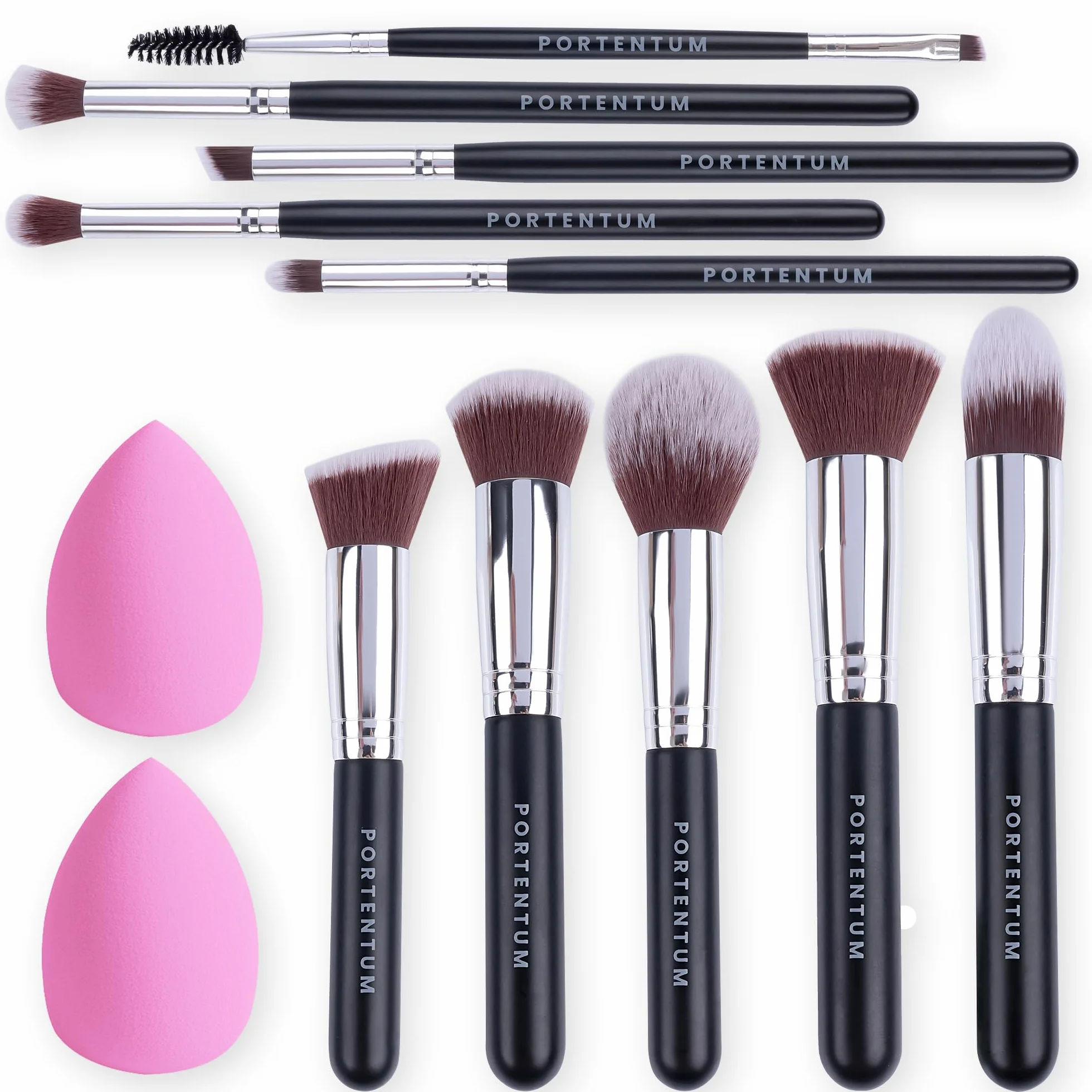 PORTENTUM Set Pennelli Make Up 10+2 Premium Synthetic Trucco Fondazione Cipria Fard Ombretto con Spugnetta e Blender Beauty