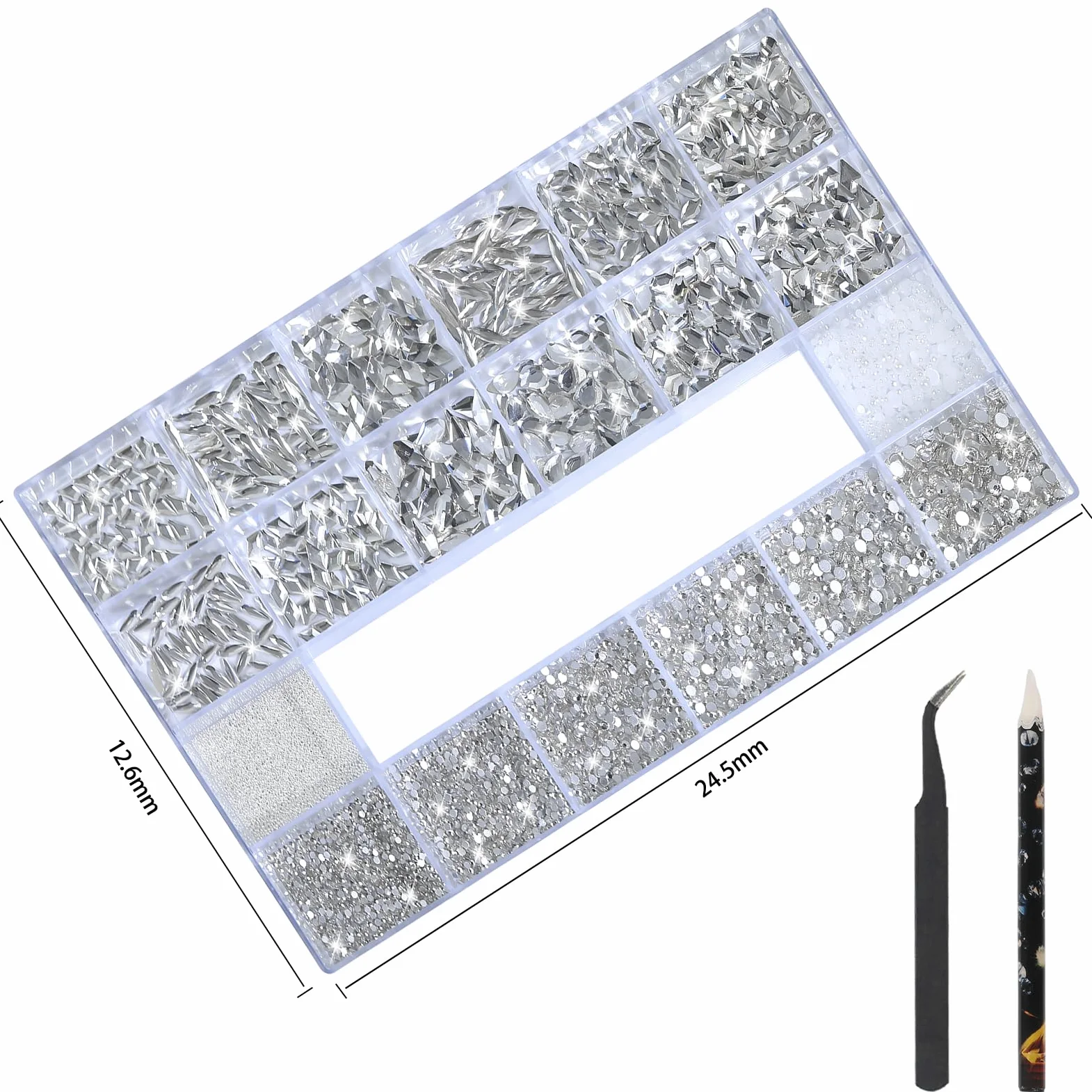 Strass bianchi per unghie, gemme 3D di varie forme, perline per manicure, perle, strass con retro piatto, con kit, per decorazione nail art