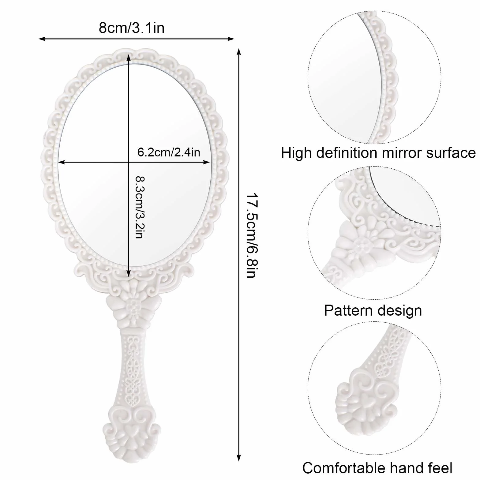 Specchio con Manico,Specchio Portatile Professionale,Specchio Barbiere con Comoda Maniglia,Specchio Cosmetico Forma Rotonda,Sostenibile e Durevole,Perfetto per Radersi o Applicare il Trucco (Bianco)