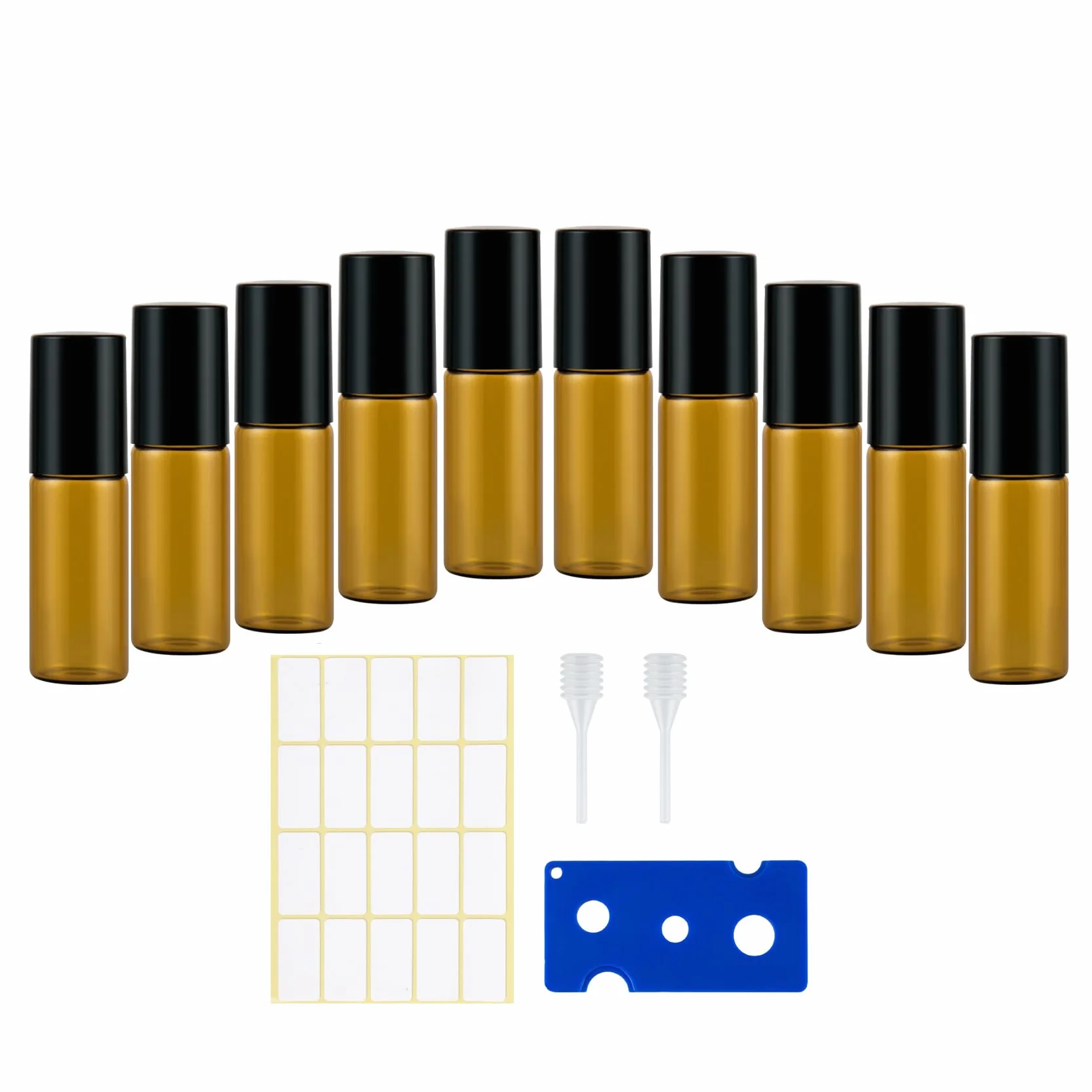 10 bottiglie di vetro Roll On per olio essenziale, 5 ml, mini bottiglie Amber Rollon, vuote con apertura, etichette e pipette, profumo, massaggi
