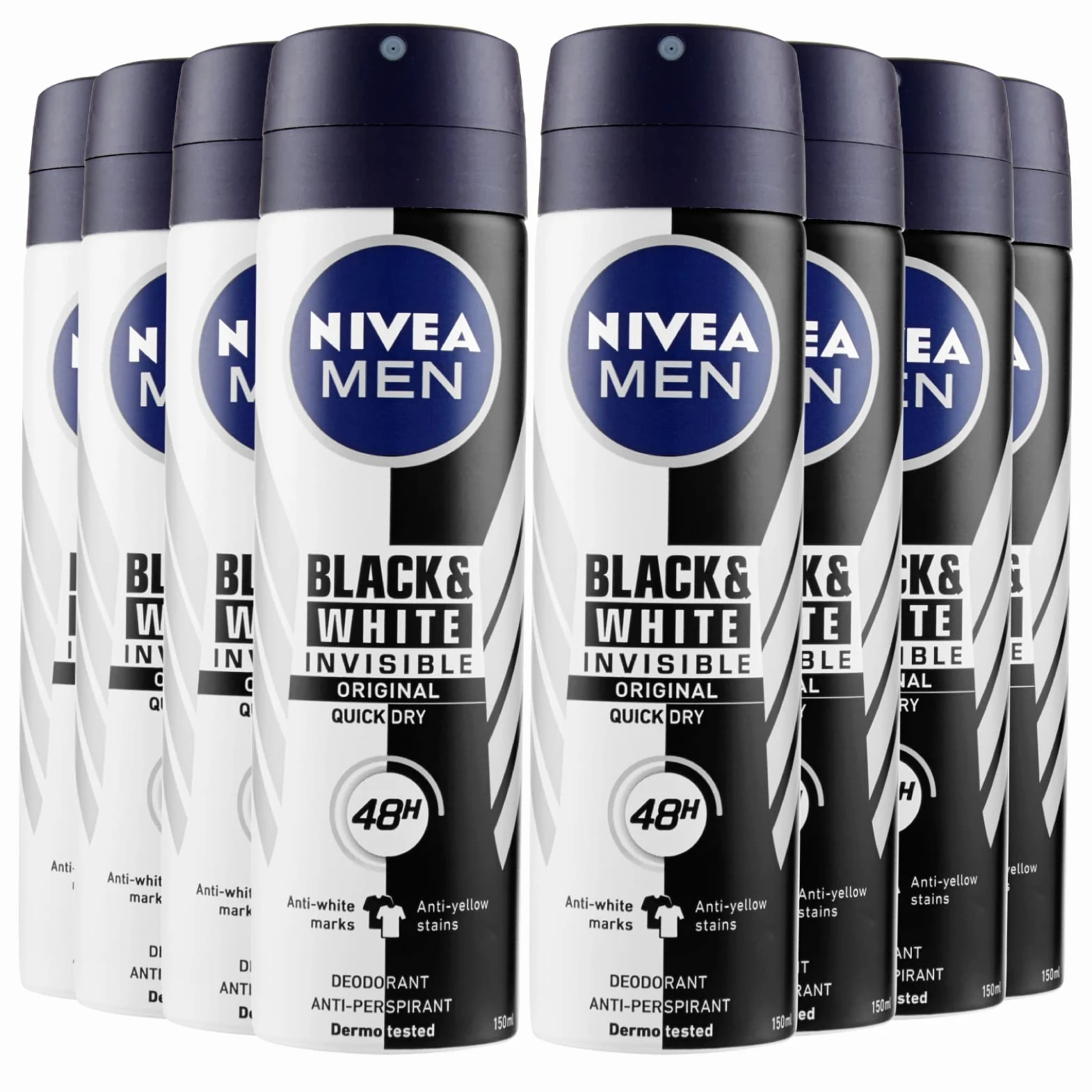 NIVEA Men Black & White Invisible Original Deodorante Uomo Spray Antitraspirante 48h Protezione Contro Cattivi Odori Sudore Macchie Residui Irritazioni - 8 Flaconi da 150ml