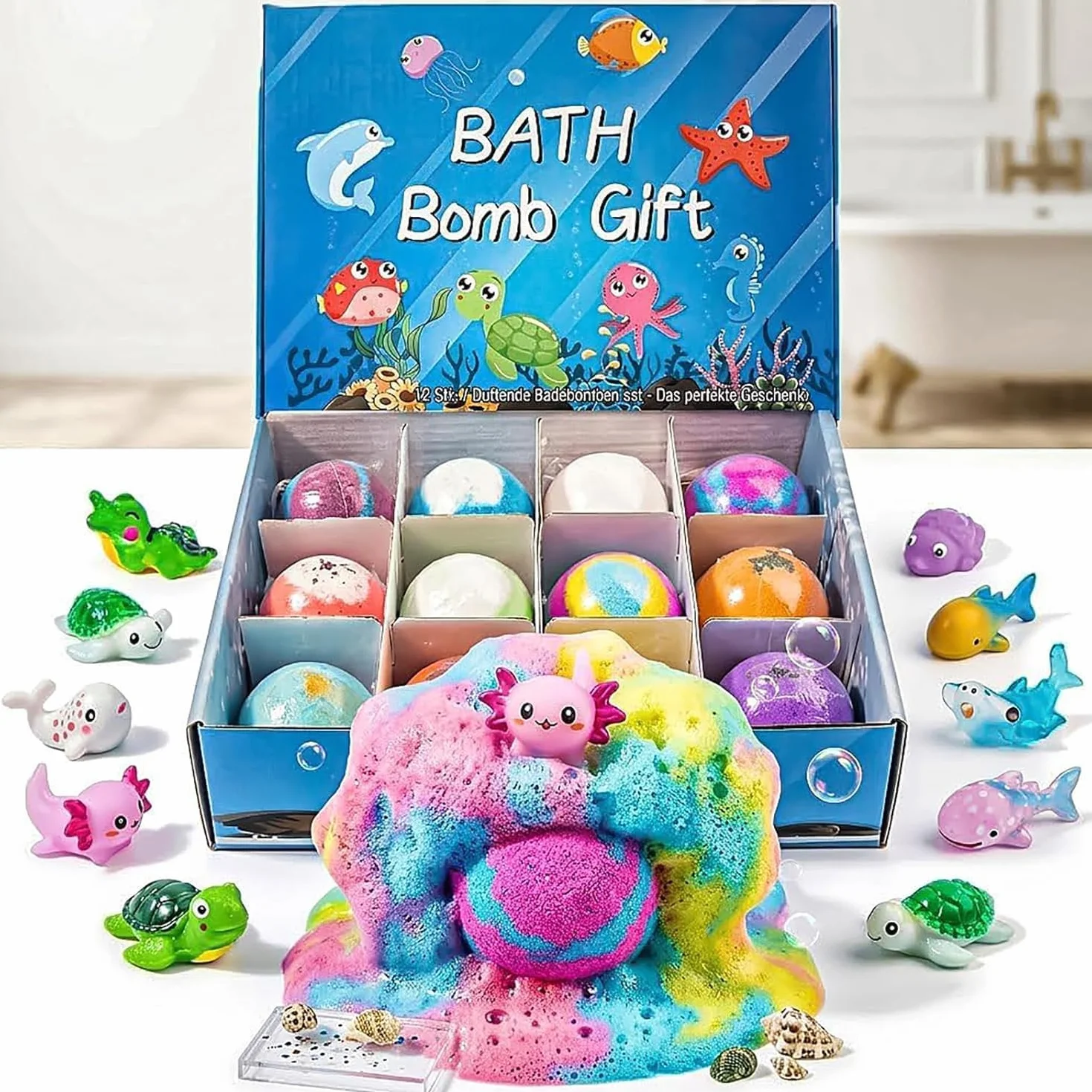 STOAT Bombe da Bagno Bambini con Sorpresa, 12Pz Scatola Regalo con Giocattoli, Naturali Bio, Schiuma Bagno Delicata per Ragazzi